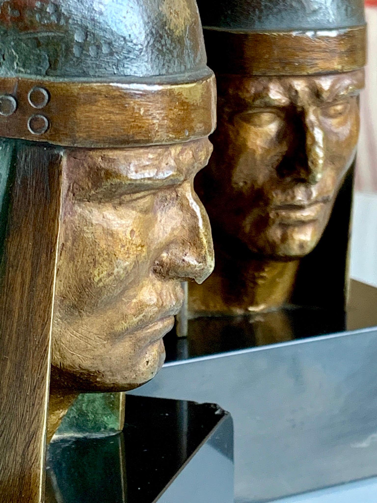 Georges-Raoul Garreau Art Deco Pair Bronze Native American Chiefs For Sale 3
