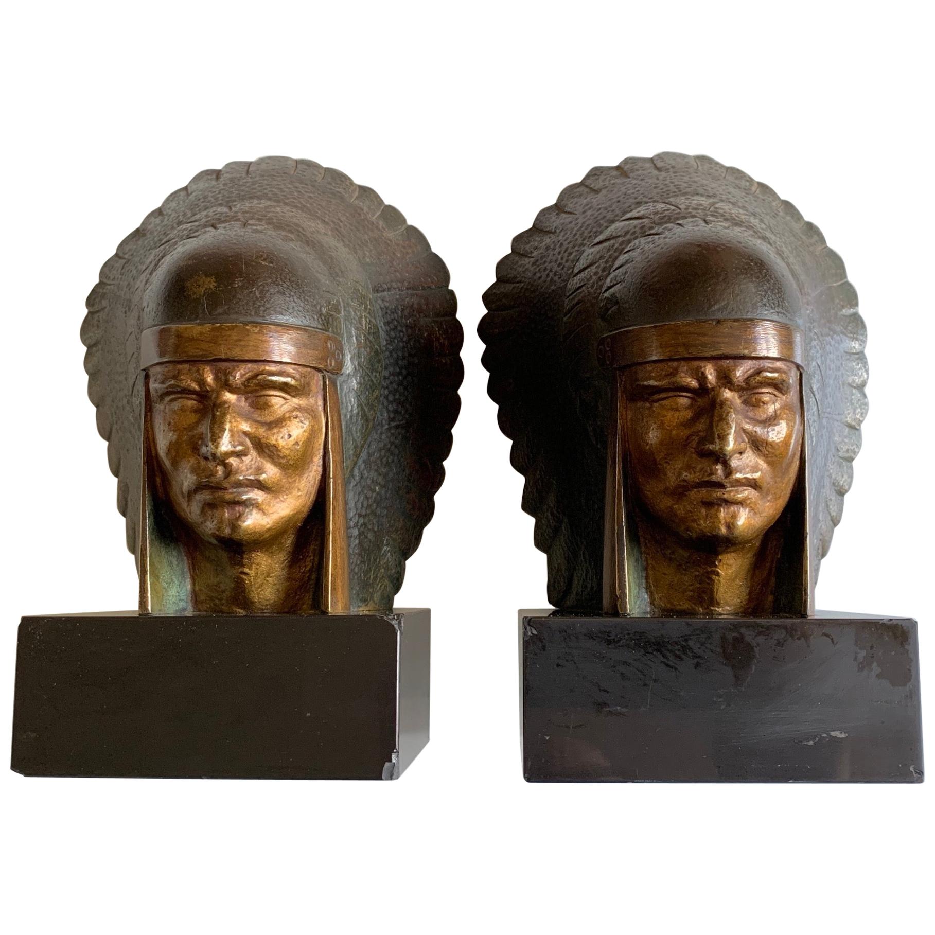 Georges-Raoul Garreau Art Deco Pair Bronze Native American Chiefs For Sale