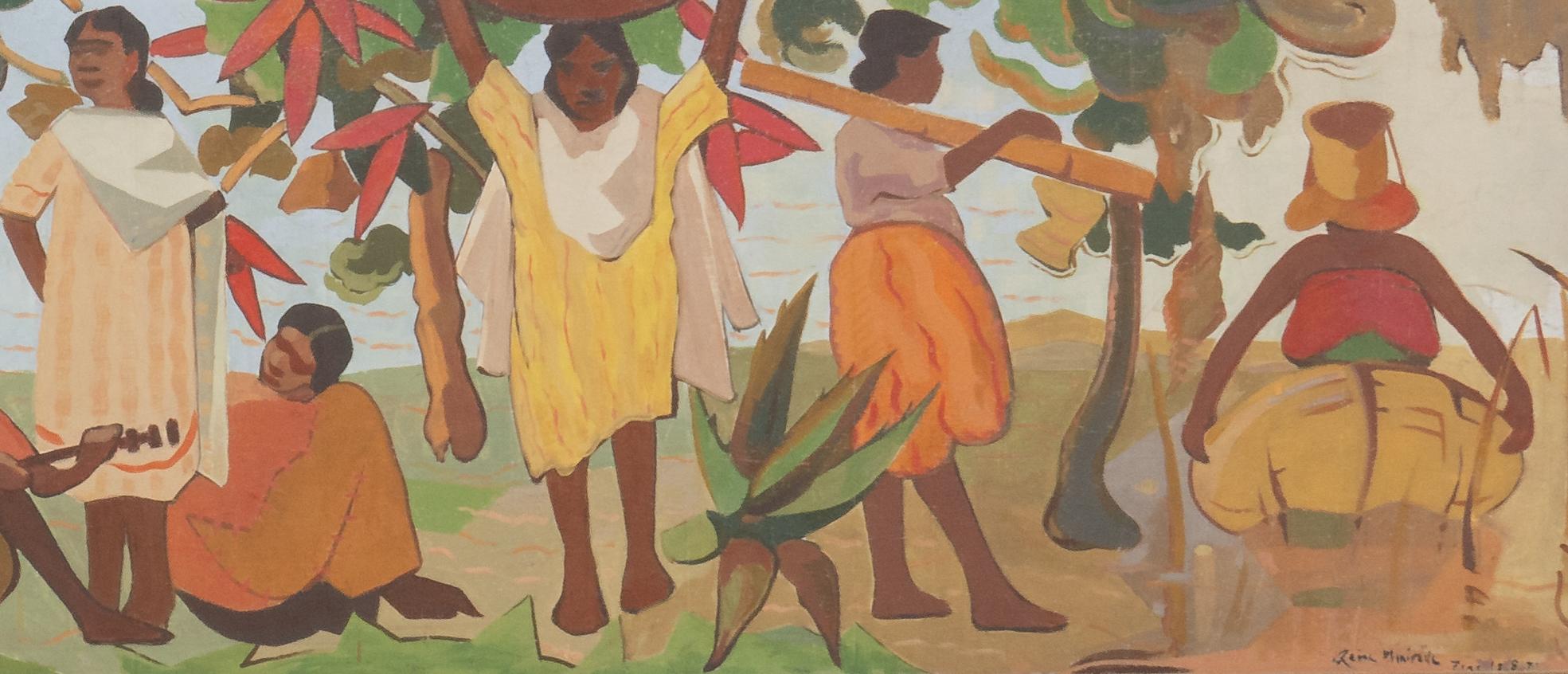 El presente friso decorativo, firmado por el pintor malgache Georges Razanamaniraka, se organiza en torno a la figura central de una bailarina enigmática e hipnótica. La composición casi simétrica contribuye al ritmo visual del cuadro. Los