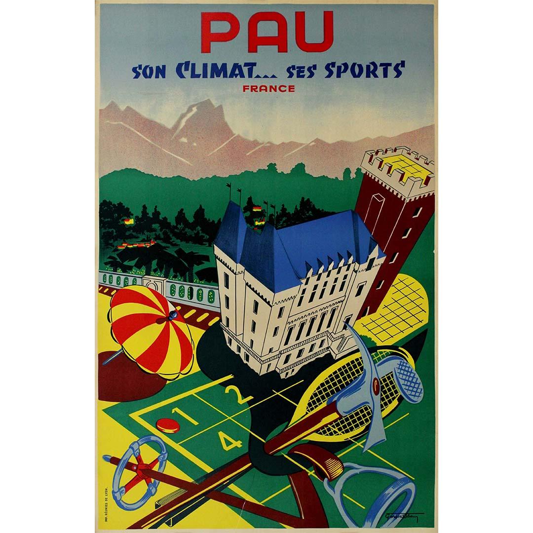 The original poster by Georges Reben captures the essence of Pau, a picturesque city renowned for its climate and sports. Highlighting iconic landmarks such as the Chateau, the Casino, and the Boulevard des Pyrénées, the poster serves as an