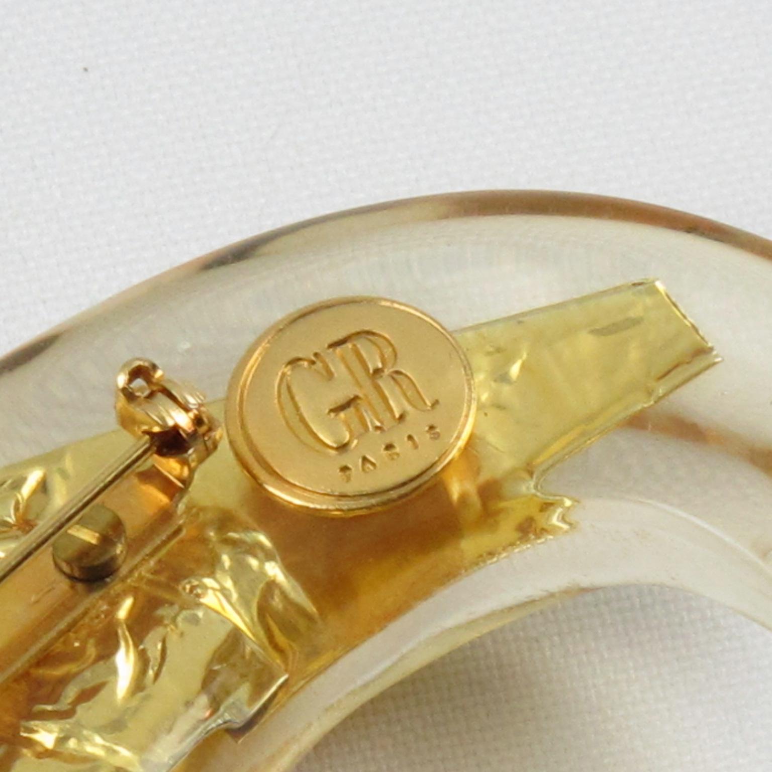 Georges Rech Paris Lucite Pin Brooch with Gold Foil Inclusions In Excellent Condition For Sale In Atlanta, GA