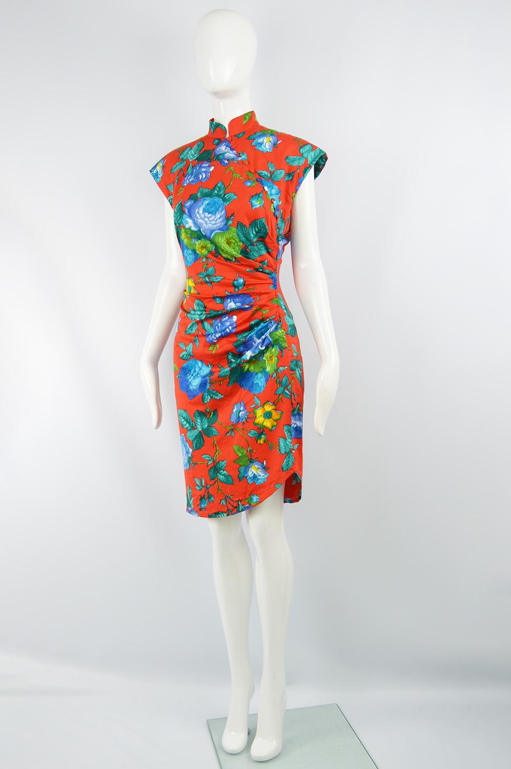 Georges Rech Paris Vintage Asian Style Red Draped Floral Vintage Dress 1980s  In Excellent Condition In Doncaster, South Yorkshire
