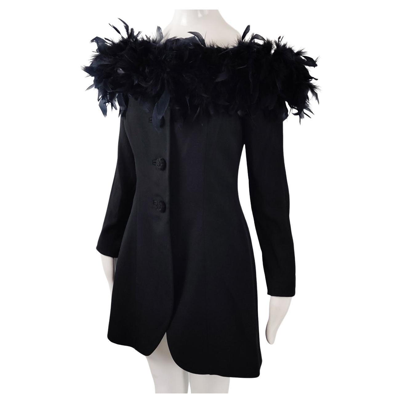 Georges Rech Vintage Womens Longline Blazer Built in Corset Feather Trim Jacket