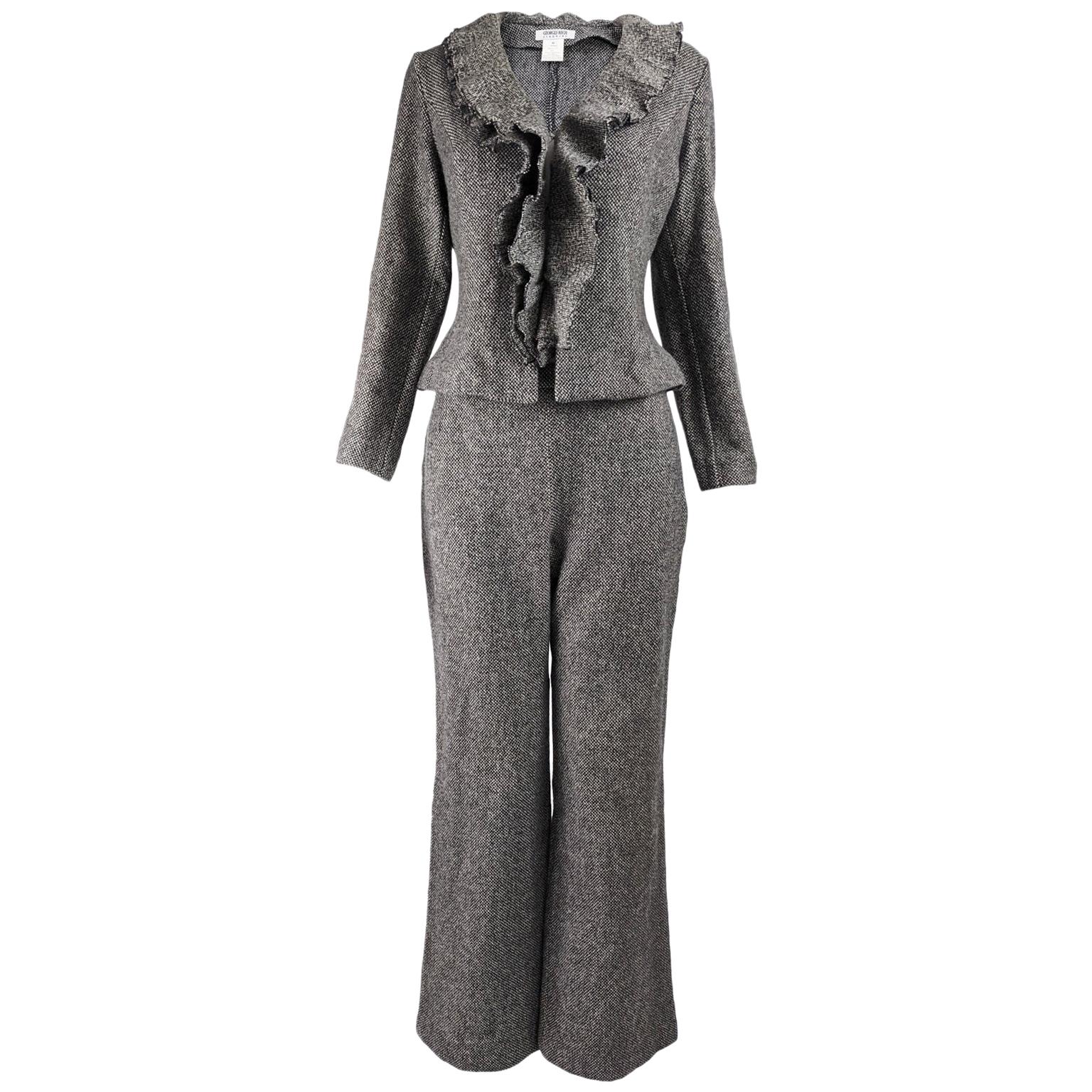 Georges Rech Womens Vintage Ruffled Wool Flared Pant Suit For Sale