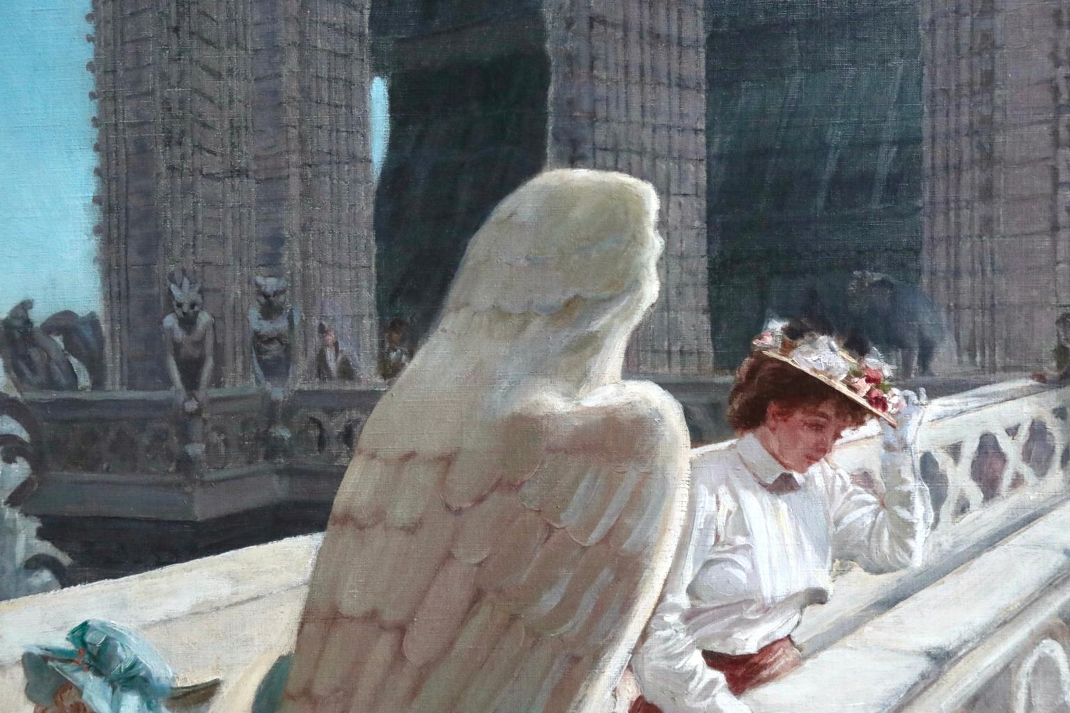 Öl auf Leinwand von Georges Redon, das Figuren zeigt, die vom Dach von Notre Dame aus die Aussicht auf Paris bewundern - eine Frau und ein junges Mädchen im Vordergrund halten sich an ihren Hüten fest, um zu verhindern, dass sie von einer Windböe