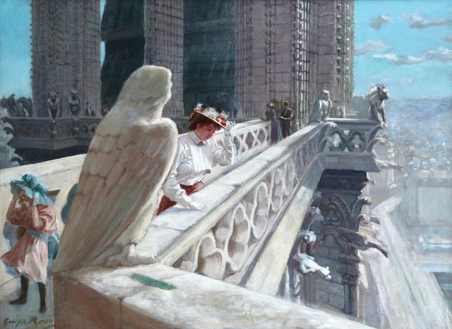 Georges Redon Figurative Painting – The Rooftops of Notre Dame - Ölgemälde, Figuren in Stadtlandschaft von G Redon, 19. Jahrhundert