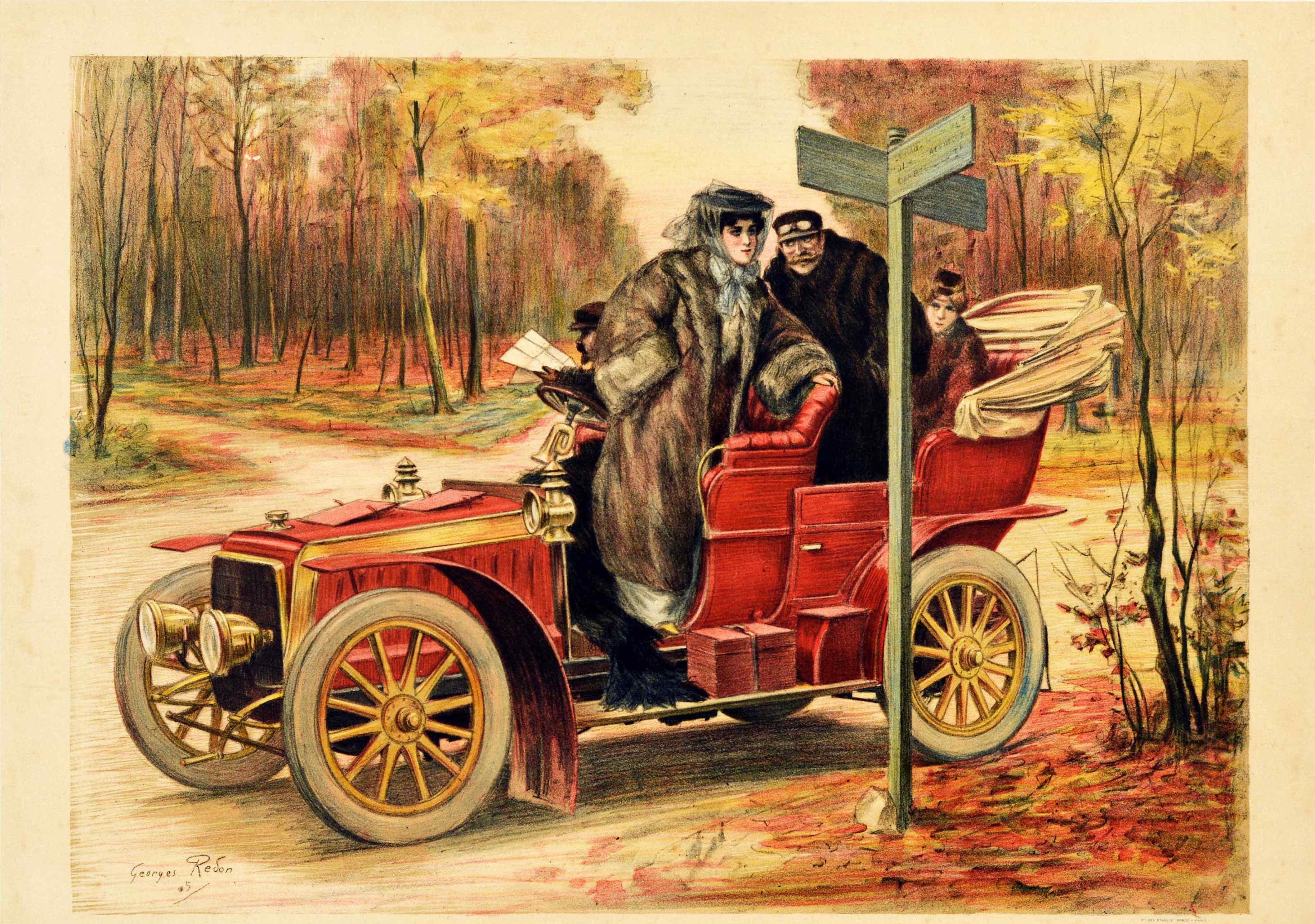 Original Antike Poster Le Tourisme Automobile Road Trip Reise Classic Auto Kunst – Print von Georges Redon