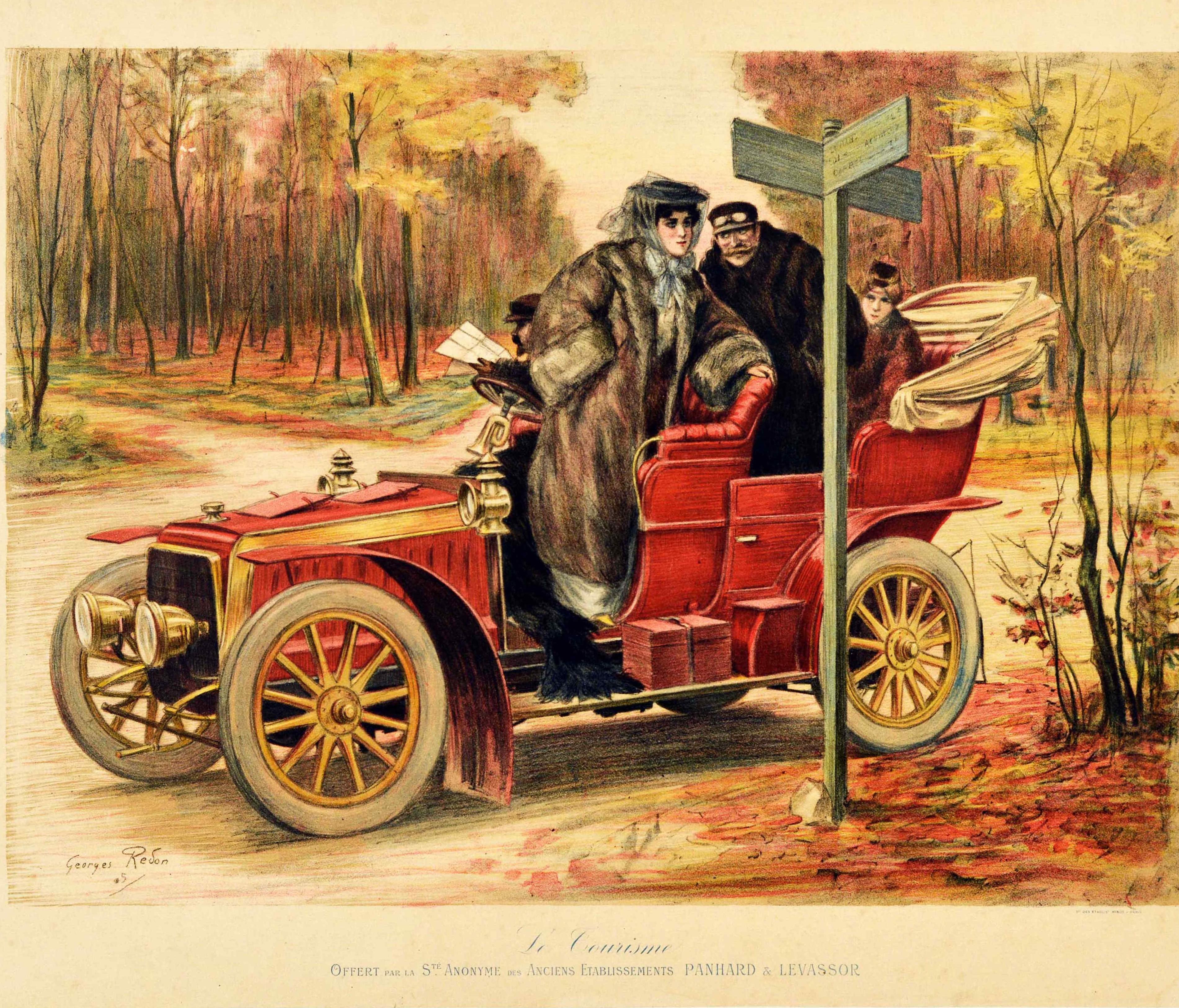 Original Antike Poster Le Tourisme Automobile Road Trip Reise Classic Auto Kunst (Beige), Print, von Georges Redon