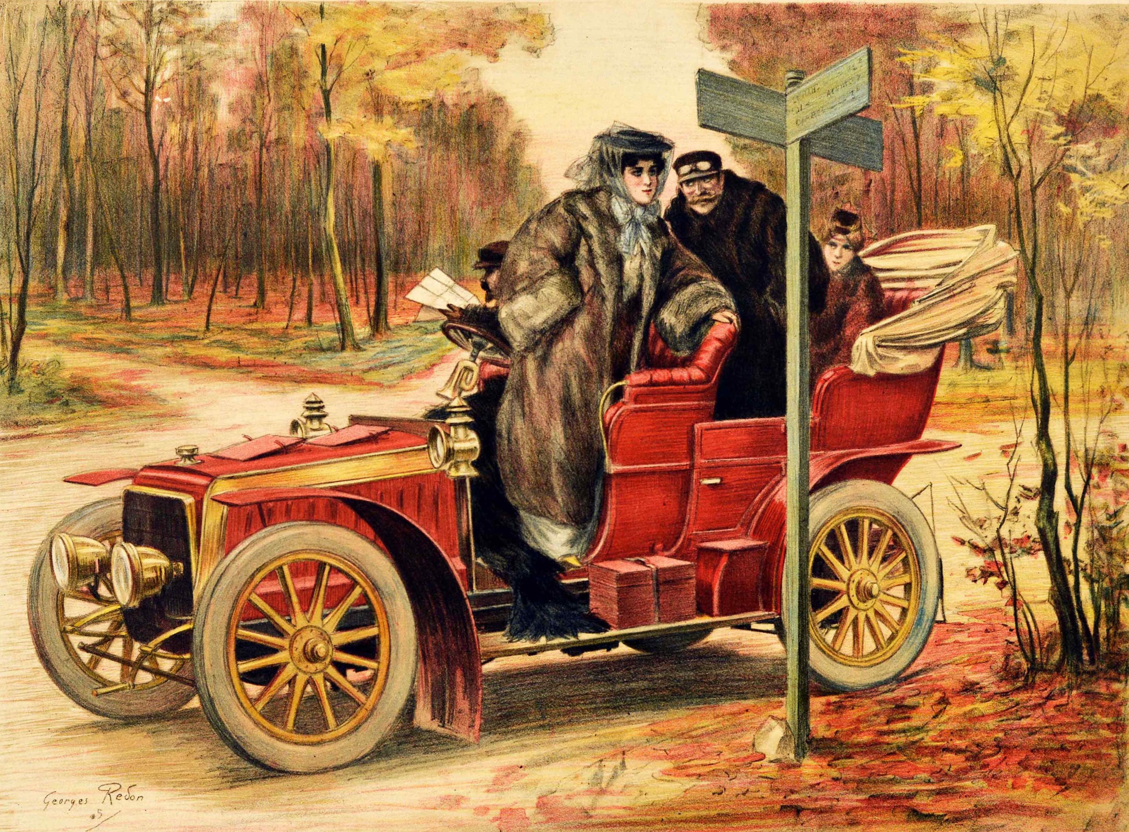 Original antikes Reiseplakat - Le Tourisme - mit einem atemberaubenden Gemälde des französischen Künstlers Georges Redon (1869-1943) aus dem frühen 20. Jahrhundert, das eine Dame in einem Pelzmantel und einem modischen, mit einem Schal um den Kopf