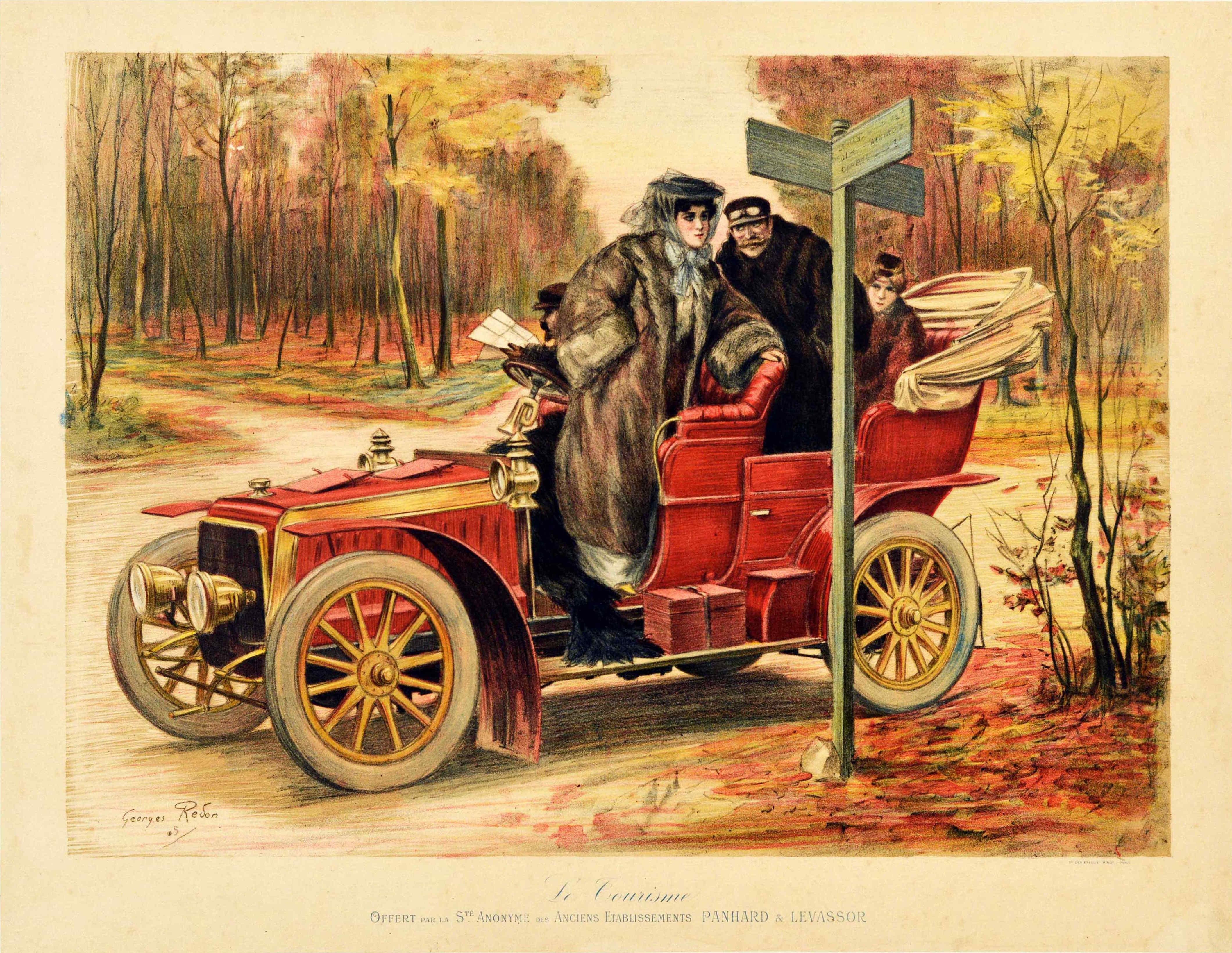 Georges Redon Print - Original Antique Poster Le Tourisme Automobile Road Trip Travel Classic Car Art