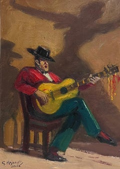 The Guitar Player from Seville Superb Vintage French Oil Painting Period Frame