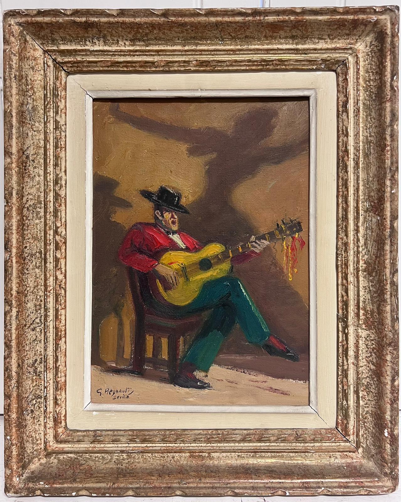 The Guitar Player from Seville Superb Vintage French Oil Painting Period Frame