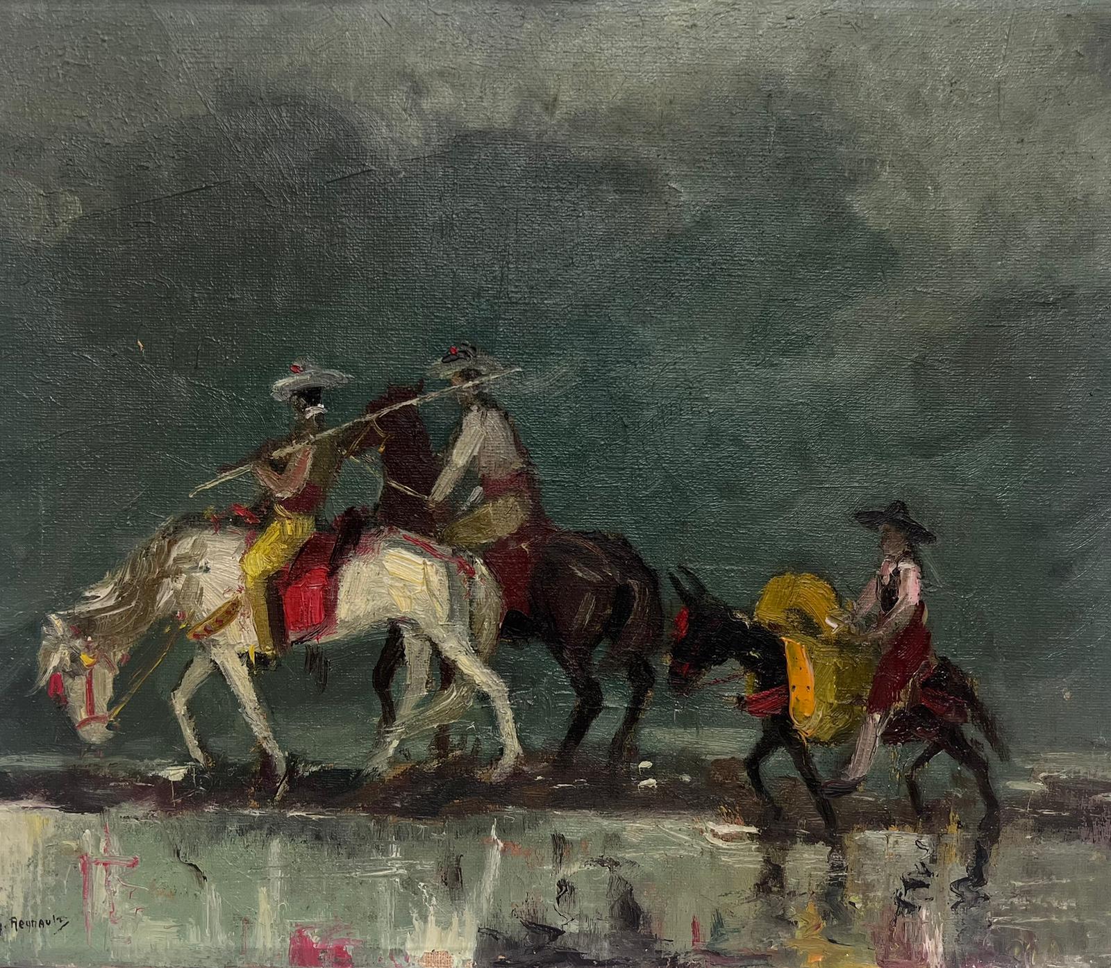 Georges Regnault Landscape Painting - Three Spanish Picadors on Horseback in Landscape Signed mid 20th Century Oil