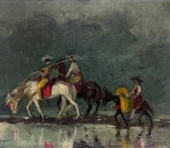 Three Spanish Picadors on Horseback in Landscape Signed mid 20th Century Oil