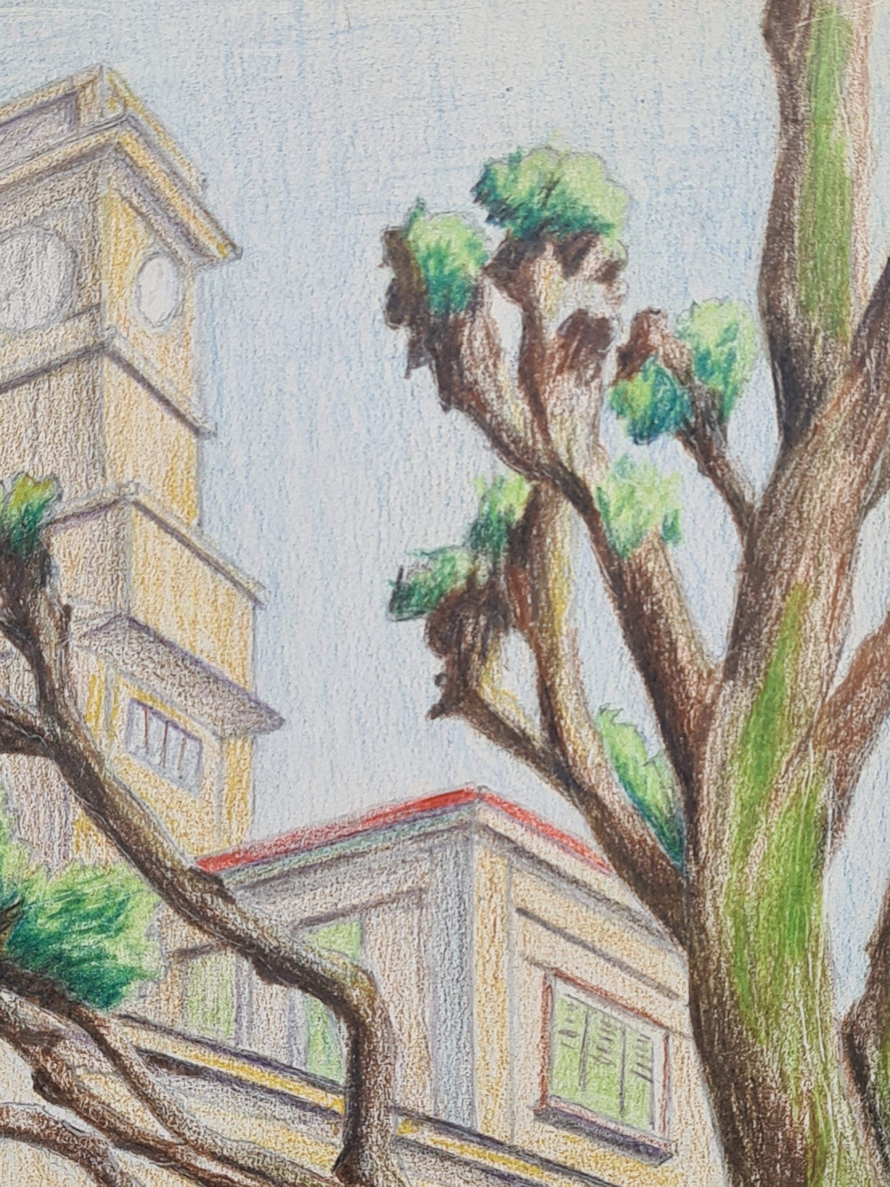 Disegno francese della metà del XX secolo nello stile di George Remi, dit Hergé. L'opera non è firmata ma è intitolata (Cannes) e datata (Mai 1969) sul retro del foglio. Presentato in una moderna cornice dorata con vetro.

Un'affascinante veduta