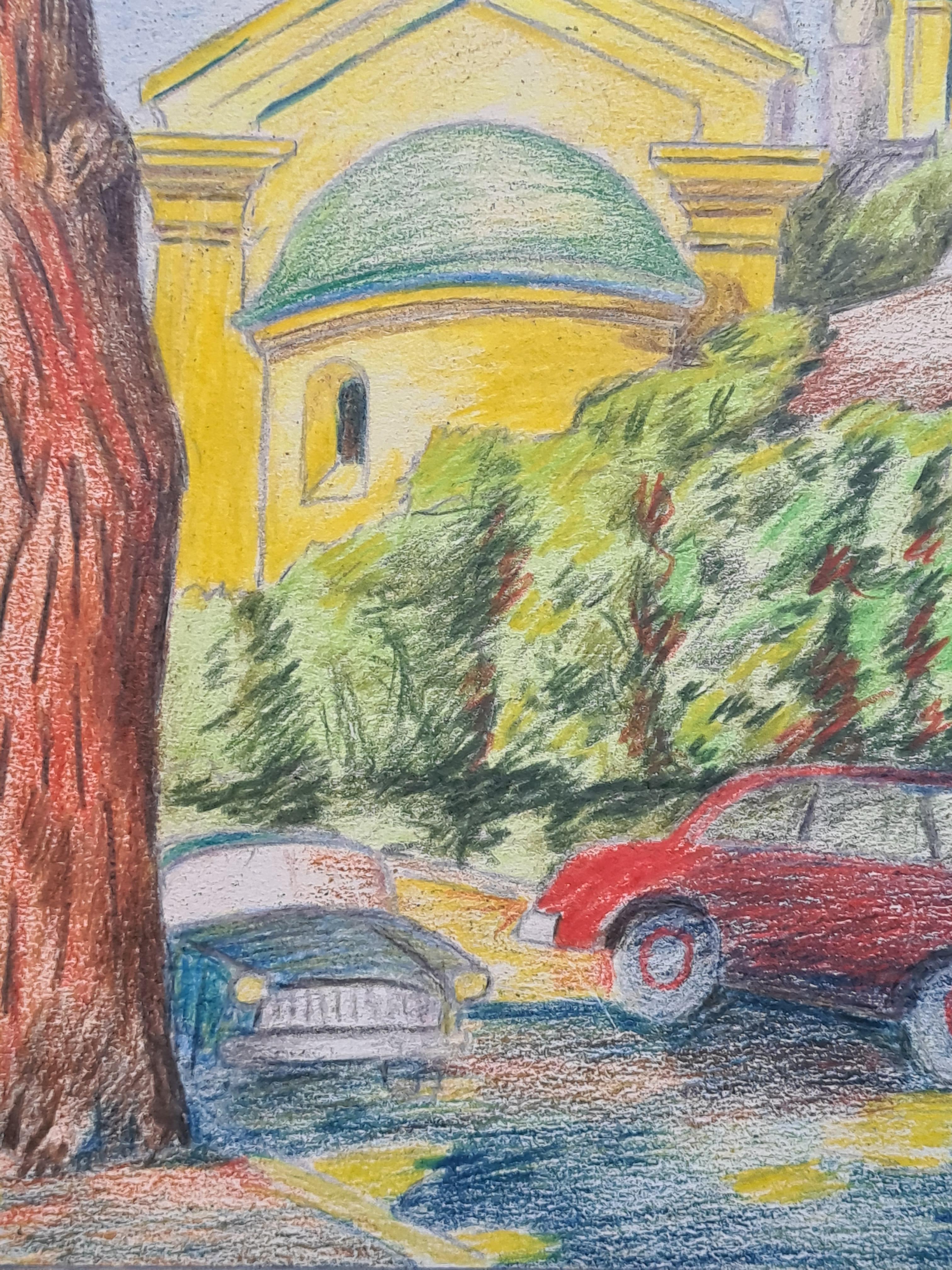Disegno francese della metà del XX secolo nello stile di George Remi, dit Hergé. L'opera non è firmata ma è intitolata (La Chapelle) e datata (settembre 1969) in basso a sinistra. Presentato in una moderna cornice argentata con