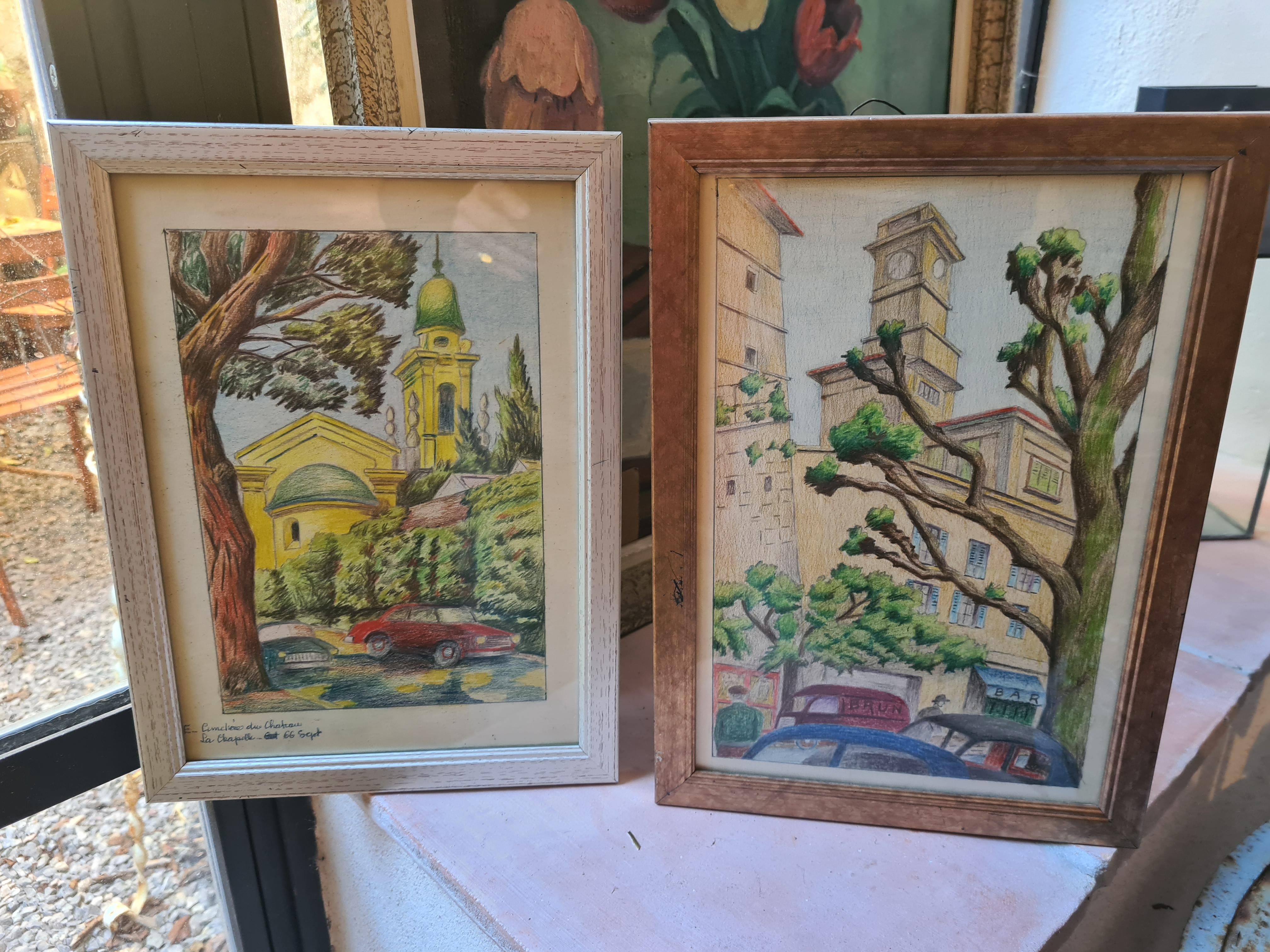 Paire de dessins français du milieu du siècle, 'Ligne Claire' d'après Hergé, Grasse et Nice - Gris Landscape Painting par Georges Remi, dit Hergé.