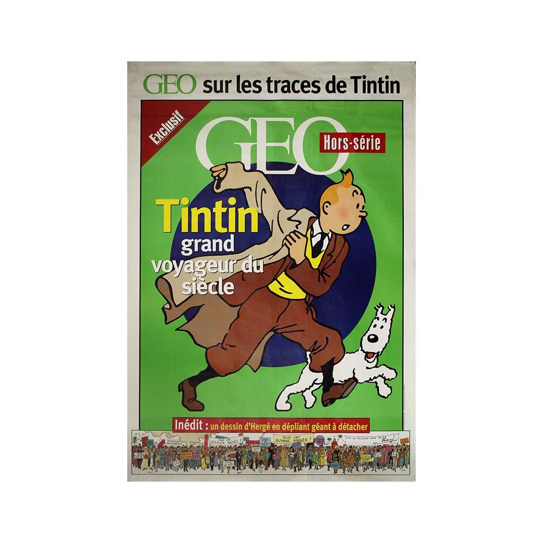 A delightful tribute to one of the most iconic adventurers in literary history, this 2000 original poster celebrates the GEO magazine Hors-série issue titled “Sur les traces de Tintin” (“In the Footsteps of Tintin”). With vibrant colors and
