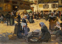 Antique "Concarneau's old market" by Georges Riom - Oil on canvas 55x38 cm