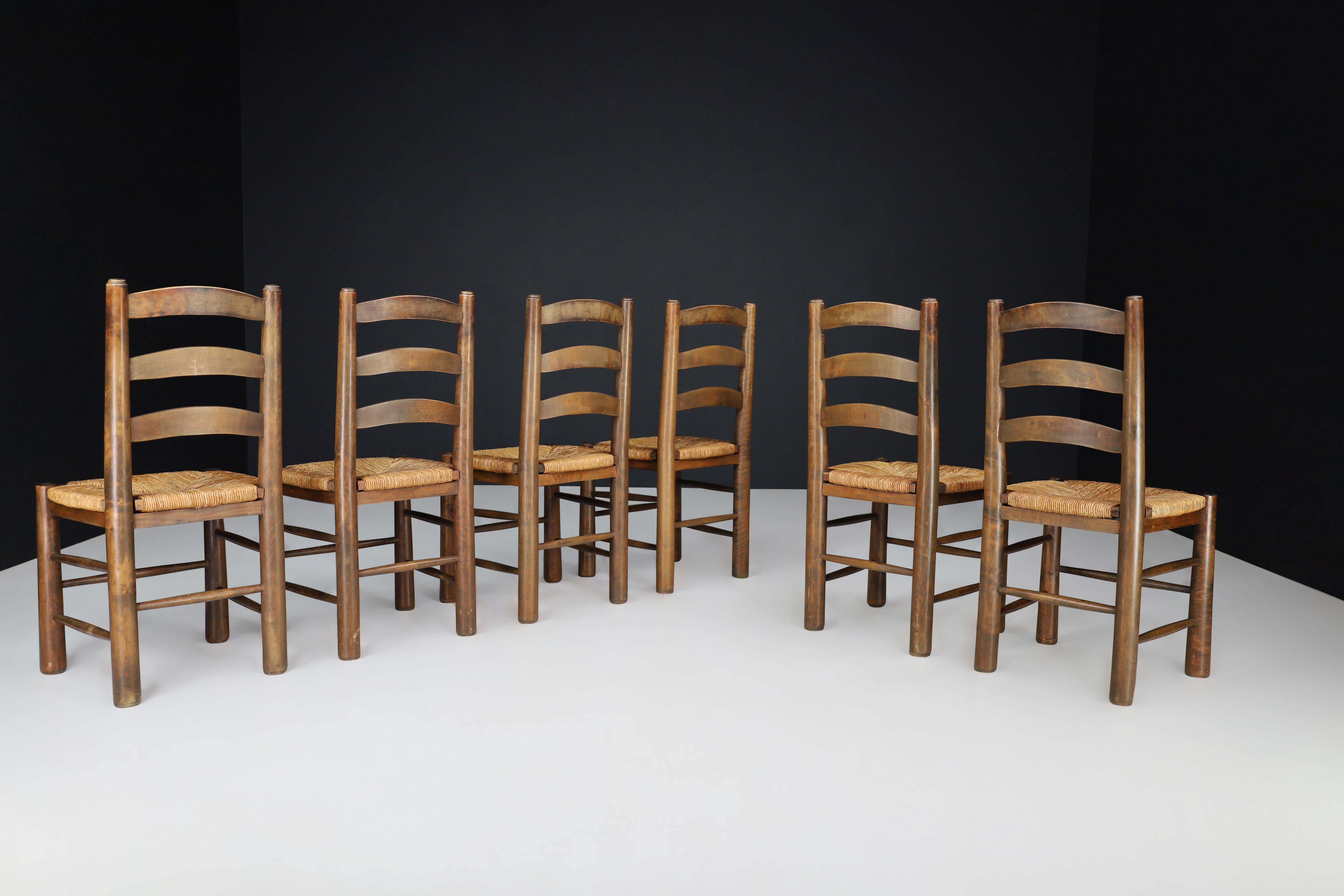 Brutalist Georges Robert Chalet Chairs in Oak and Rush, France, 1950s For Sale