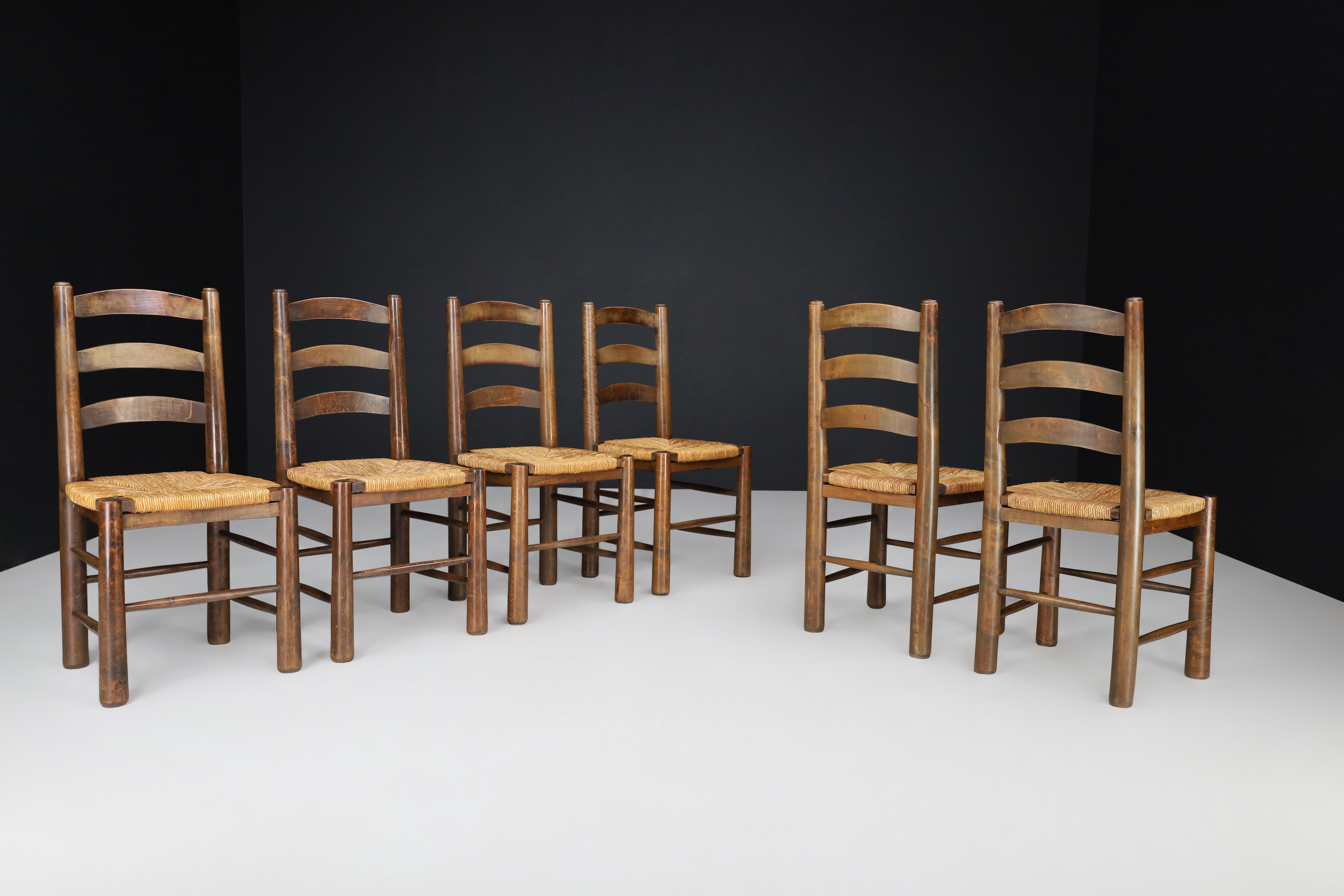 French Georges Robert Chalet Chairs in Oak and Rush, France, 1950s For Sale