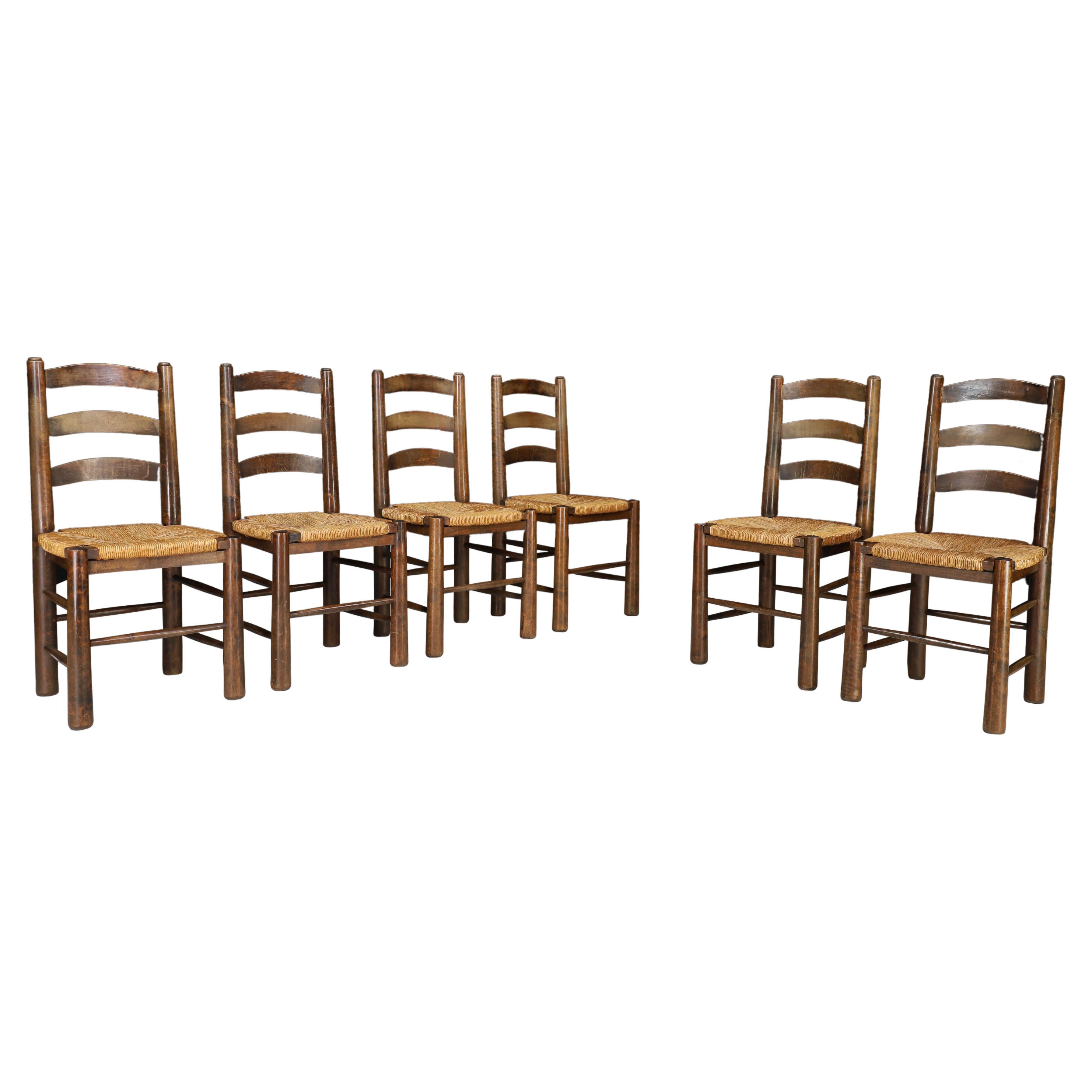 Georges Robert Chalet Chairs in Oak and Rush, France, 1950s For Sale