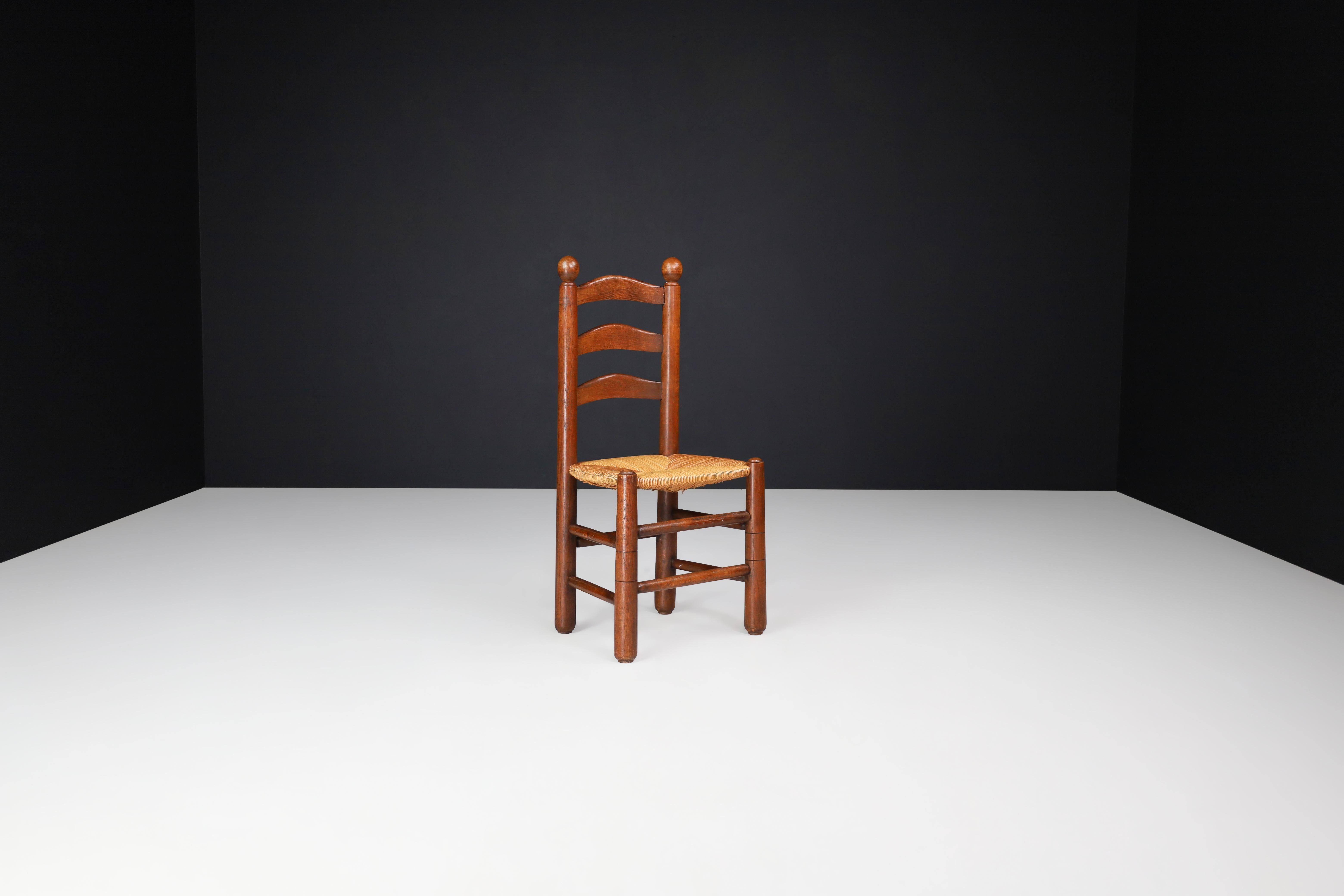 French Georges Robert Dining Chairs in Oak and Rush, France, 1950s For Sale