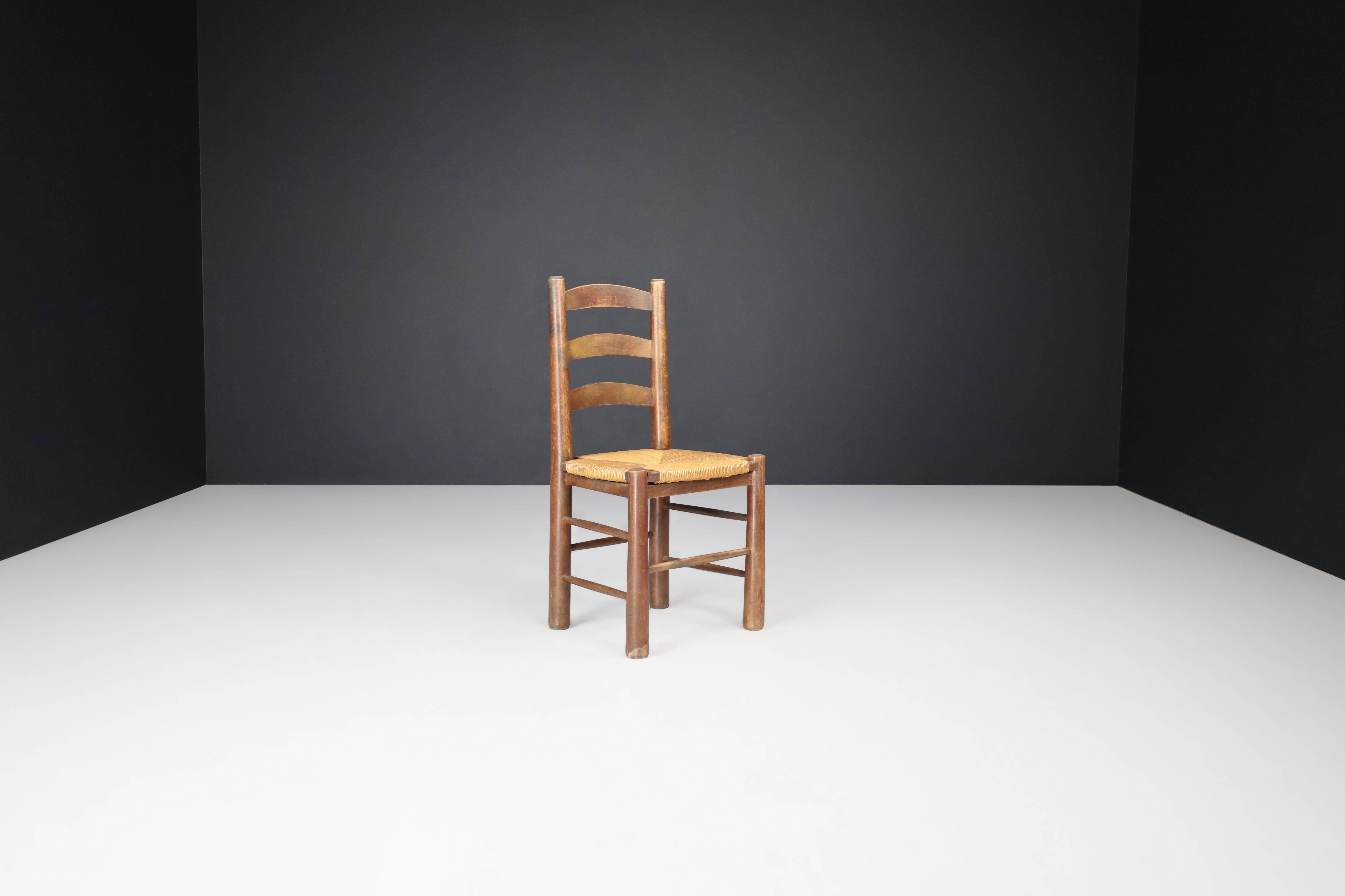 French Georges Robert Dining Chairs in Oak and Rush, France, 1950s For Sale