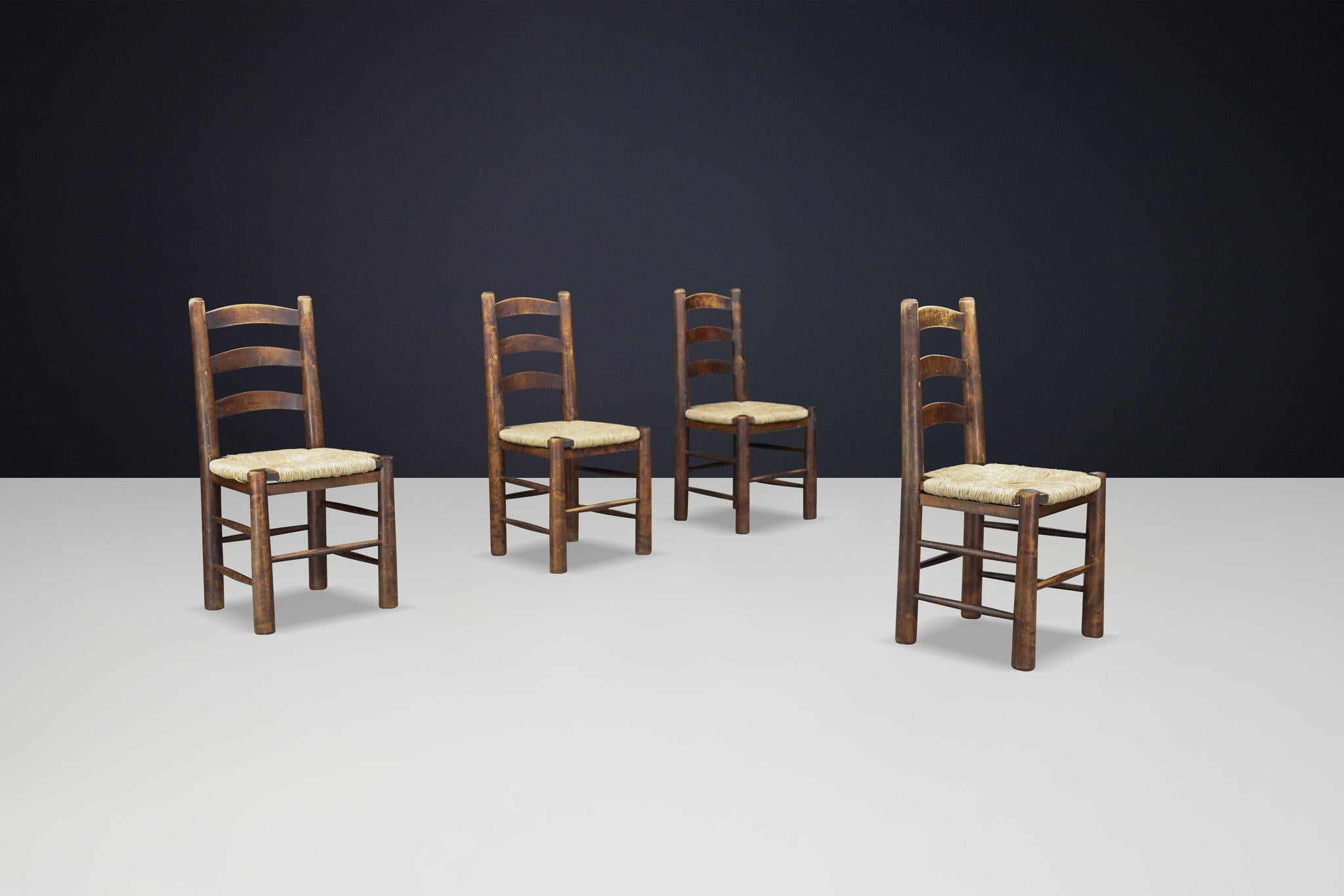 Sillas de comedor Georges Robert en roble y junco, Francia, años 50 siglo XX