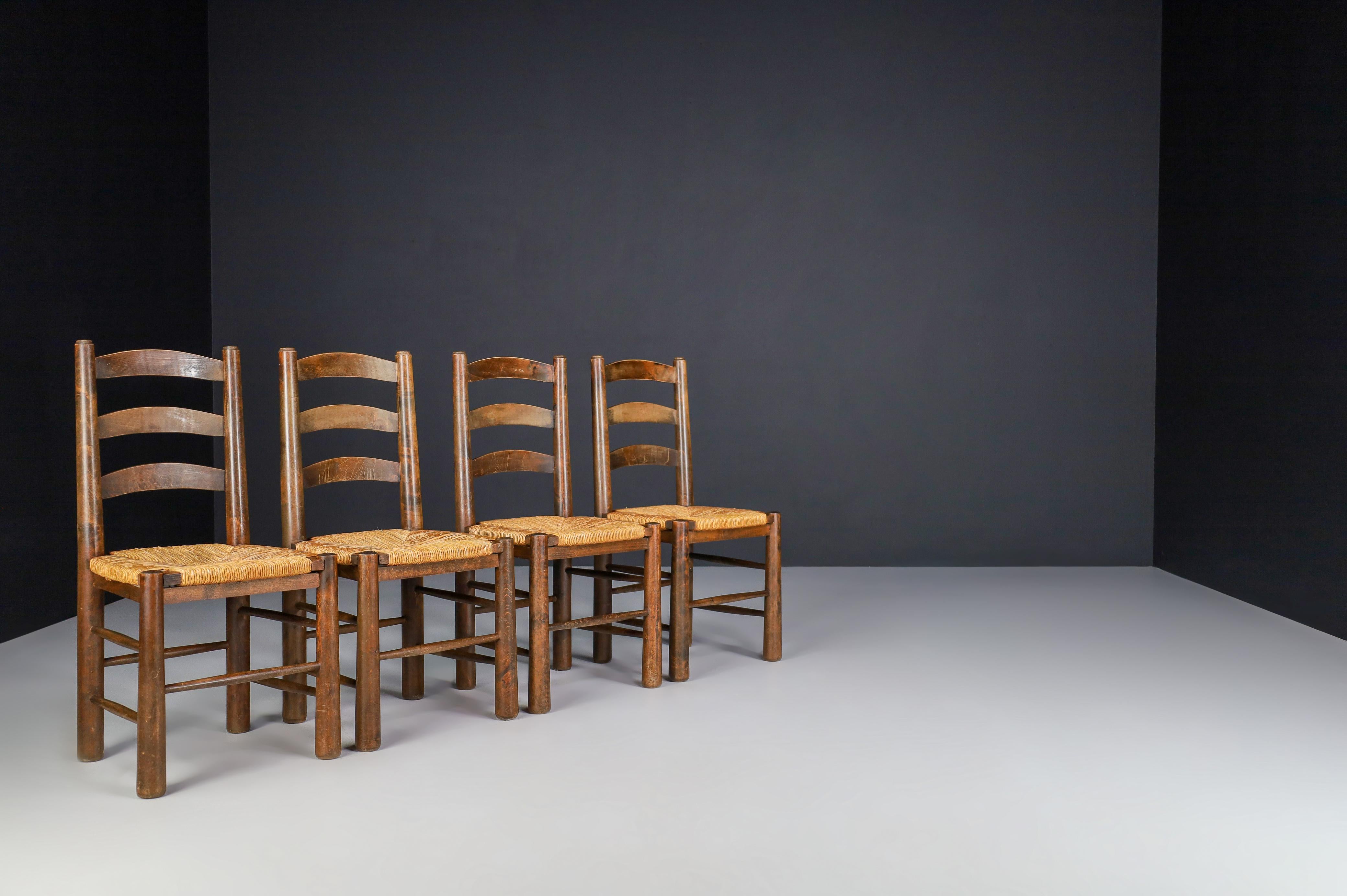 Georges Robert Dining Chairs in Oak and Rush, France, 1950s For Sale 1