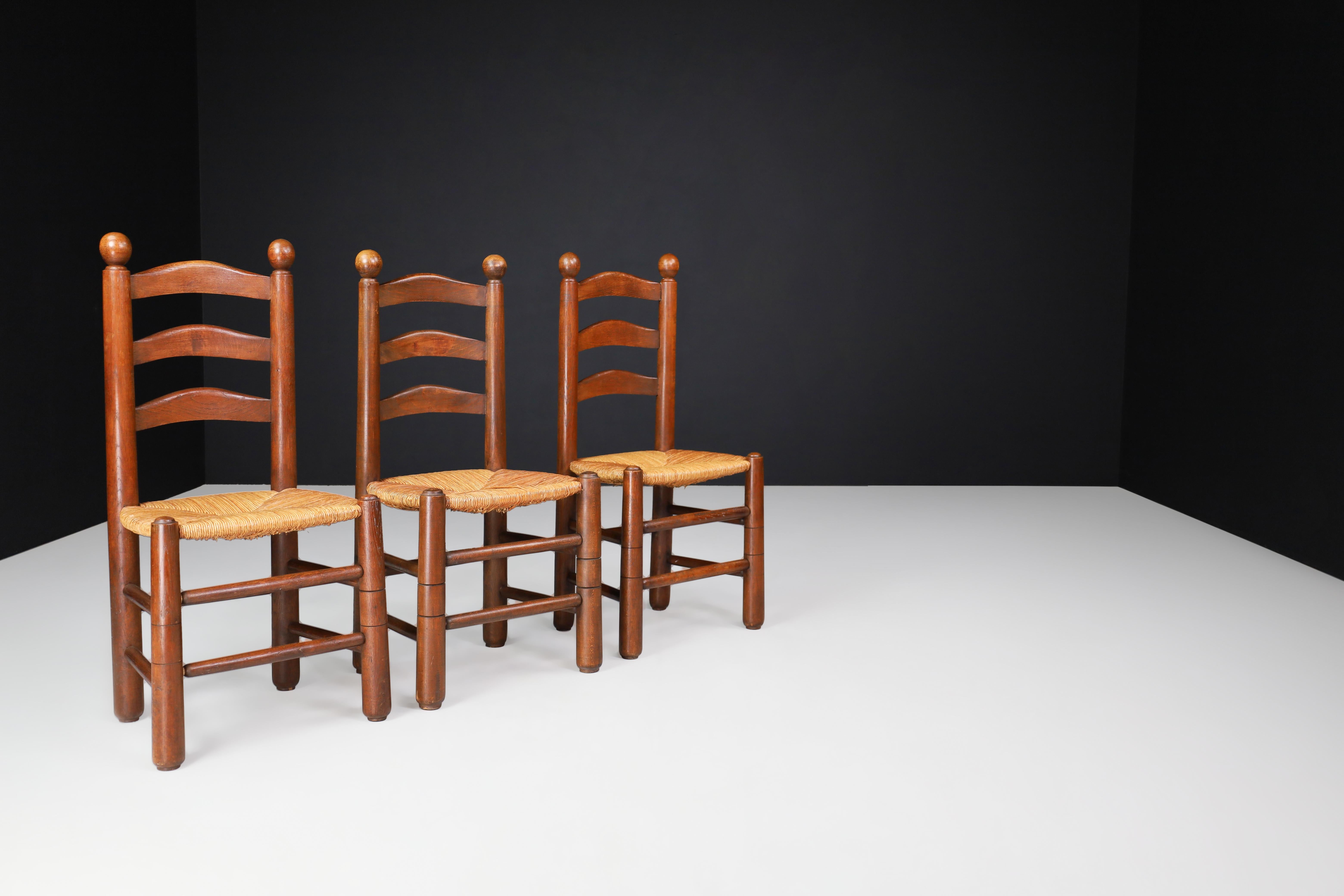 Georges Robert Dining Chairs in Oak and Rush, France, 1950s For Sale 1