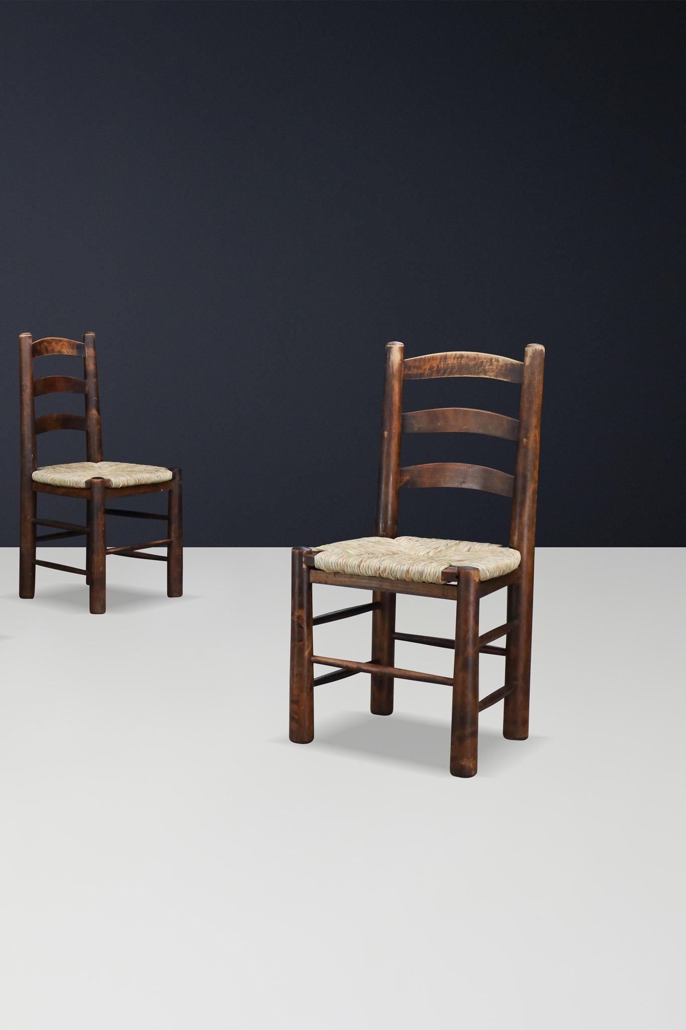 Sillas de comedor Georges Robert en roble y junco, Francia, años 50 Rush