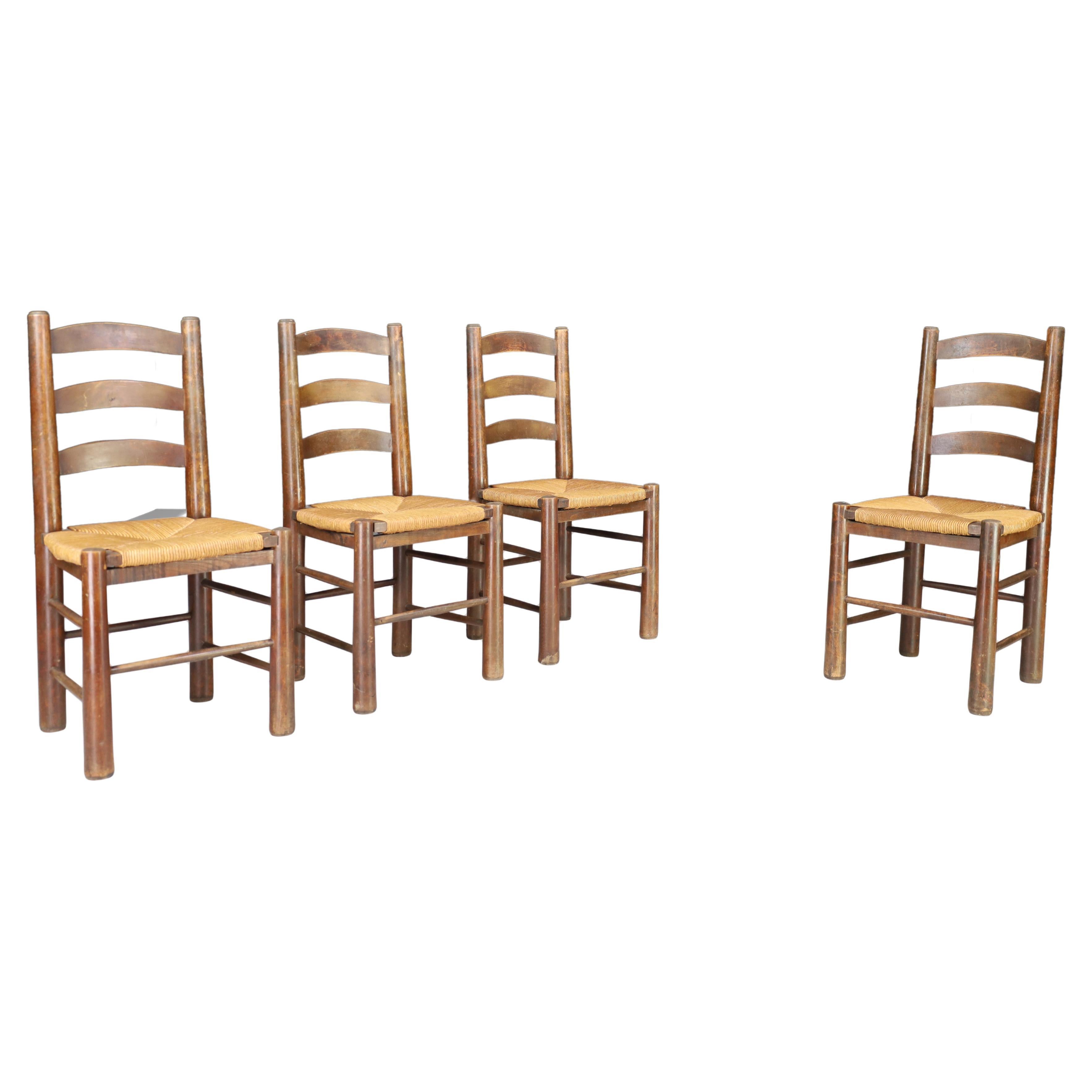 Georges Robert Dining Chairs in Oak and Rush, France, 1950s For Sale