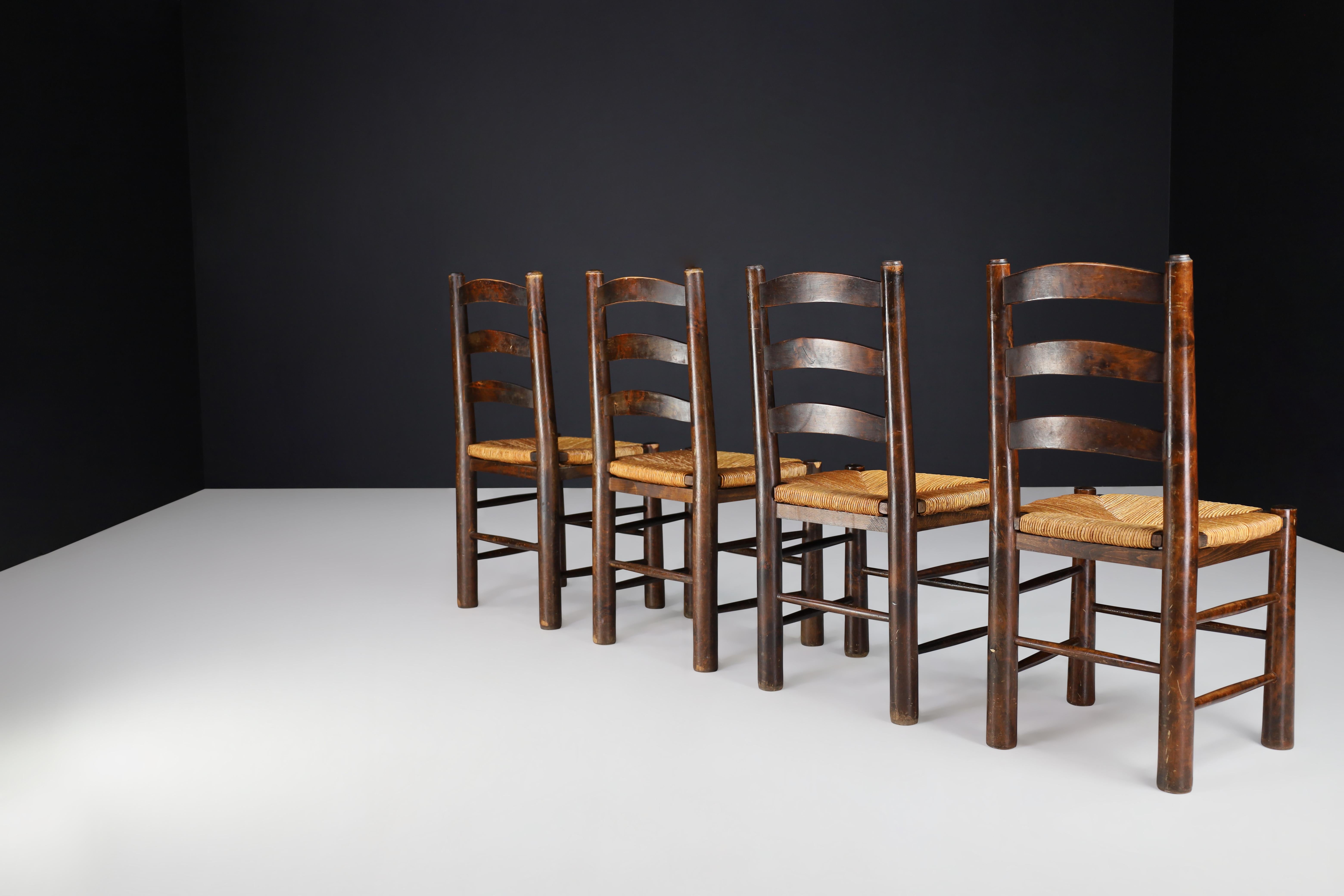 Georges Robert Dining Chairs in Patinated Oak and Rush, France, 1950s 2