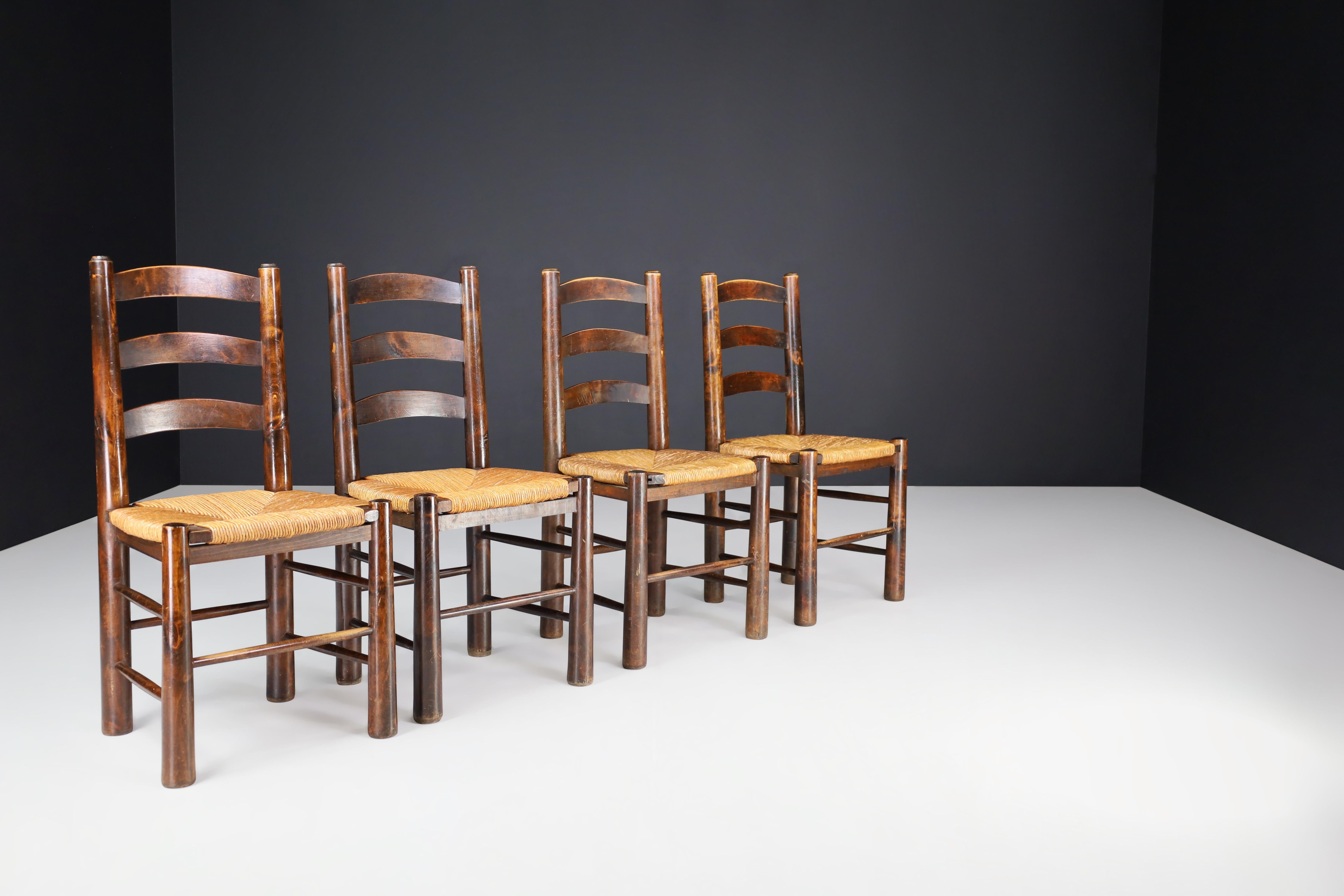 Georges Robert Dining Chairs in Patinated Oak and Rush, France, 1950s For Sale 1