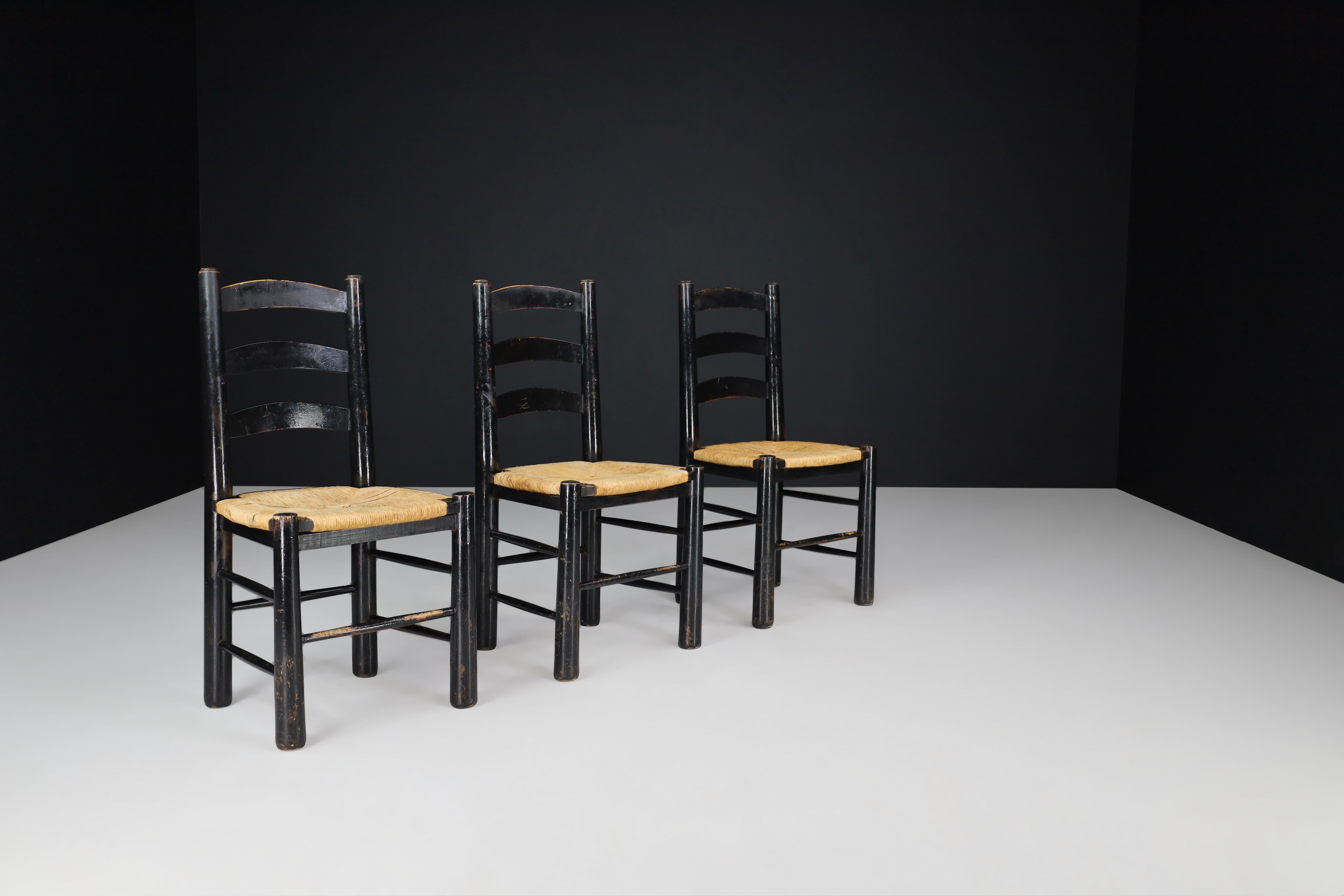 French Georges Robert Patinated Chairs in Oak and Rush, France, 1950s