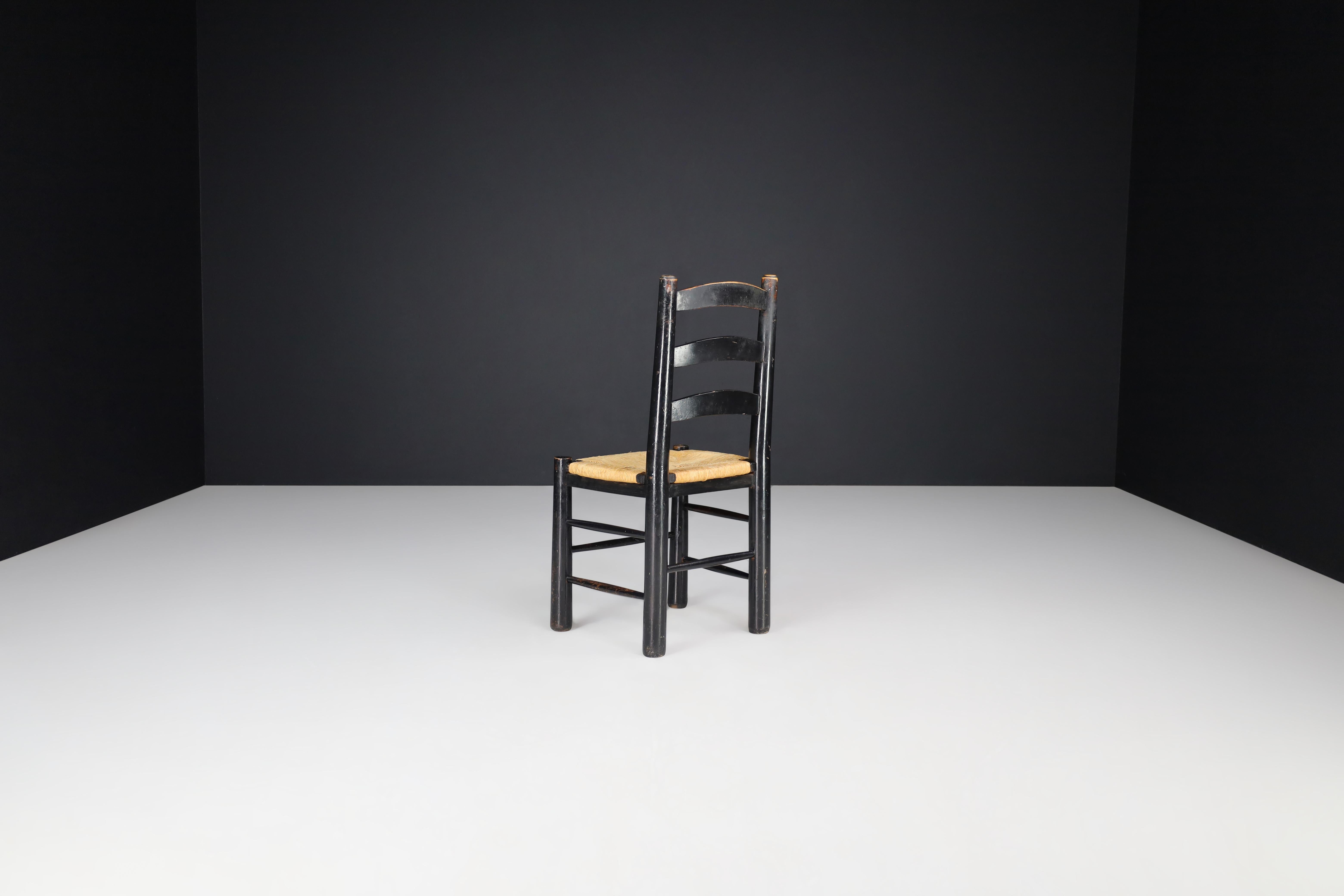 Georges Robert Patinated Chairs in Oak and Rush, France, 1950s 3