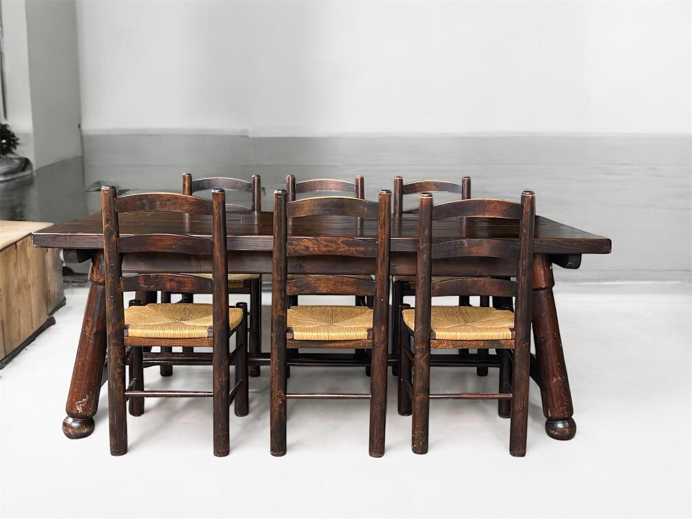 Georges Robert — Table and 6 Chairs, Brutalist Chalet-Inspired Dining Set For Sale 11