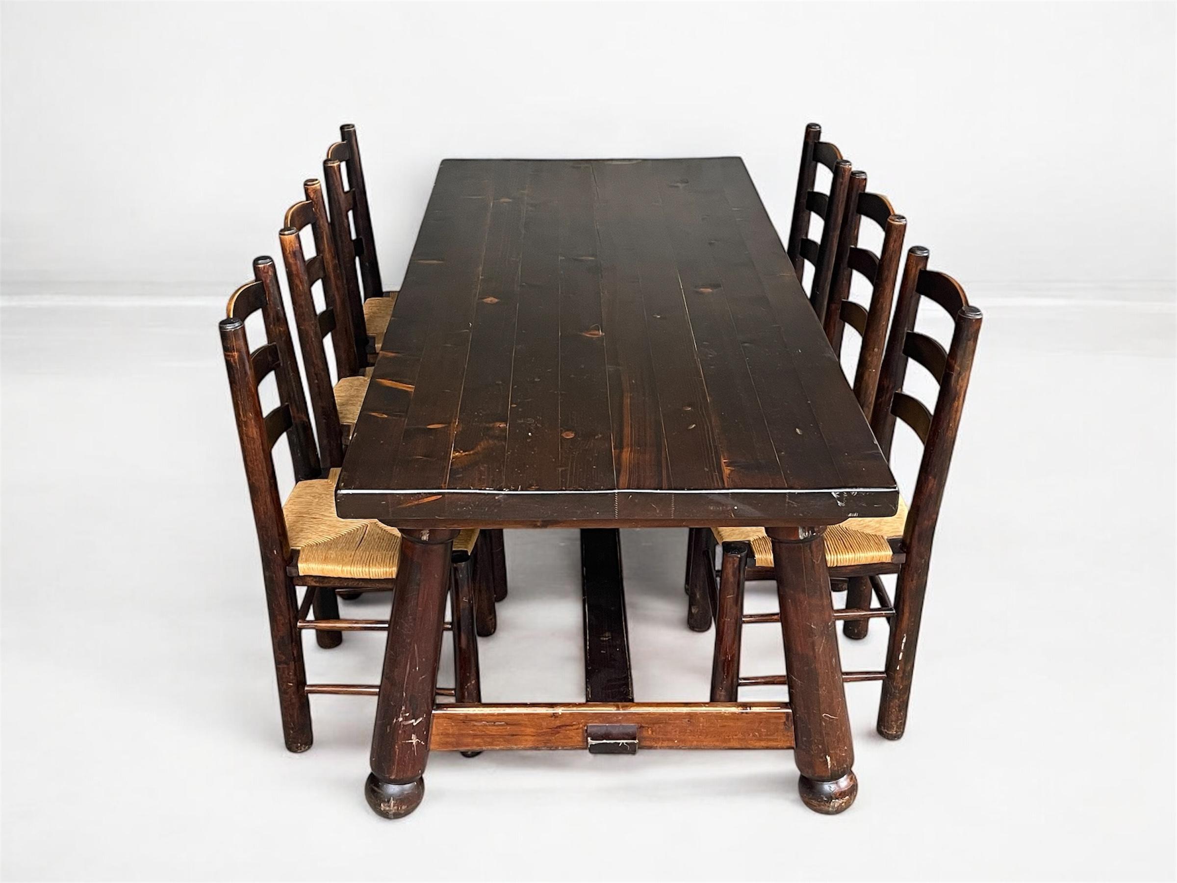 French Georges Robert — Table and 6 Chairs, Brutalist Chalet-Inspired Dining Set For Sale