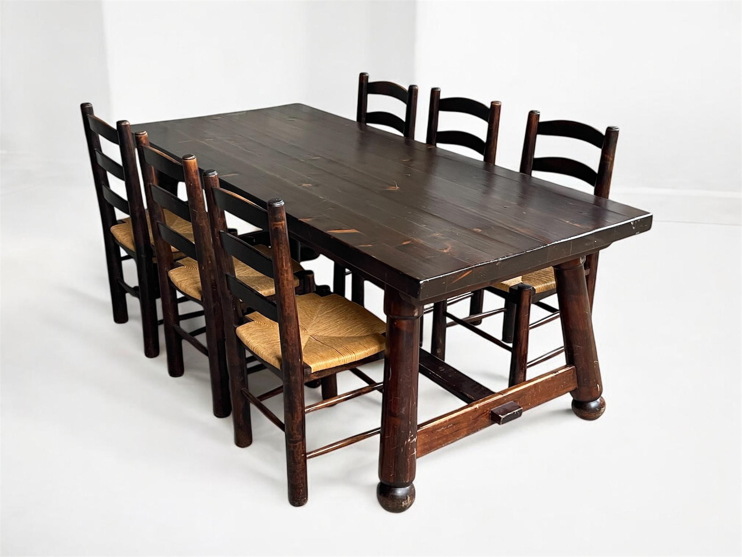 Georges Robert — Table and 6 Chairs, Brutalist Chalet-Inspired Dining Set In Good Condition For Sale In GRENOBLE, FR