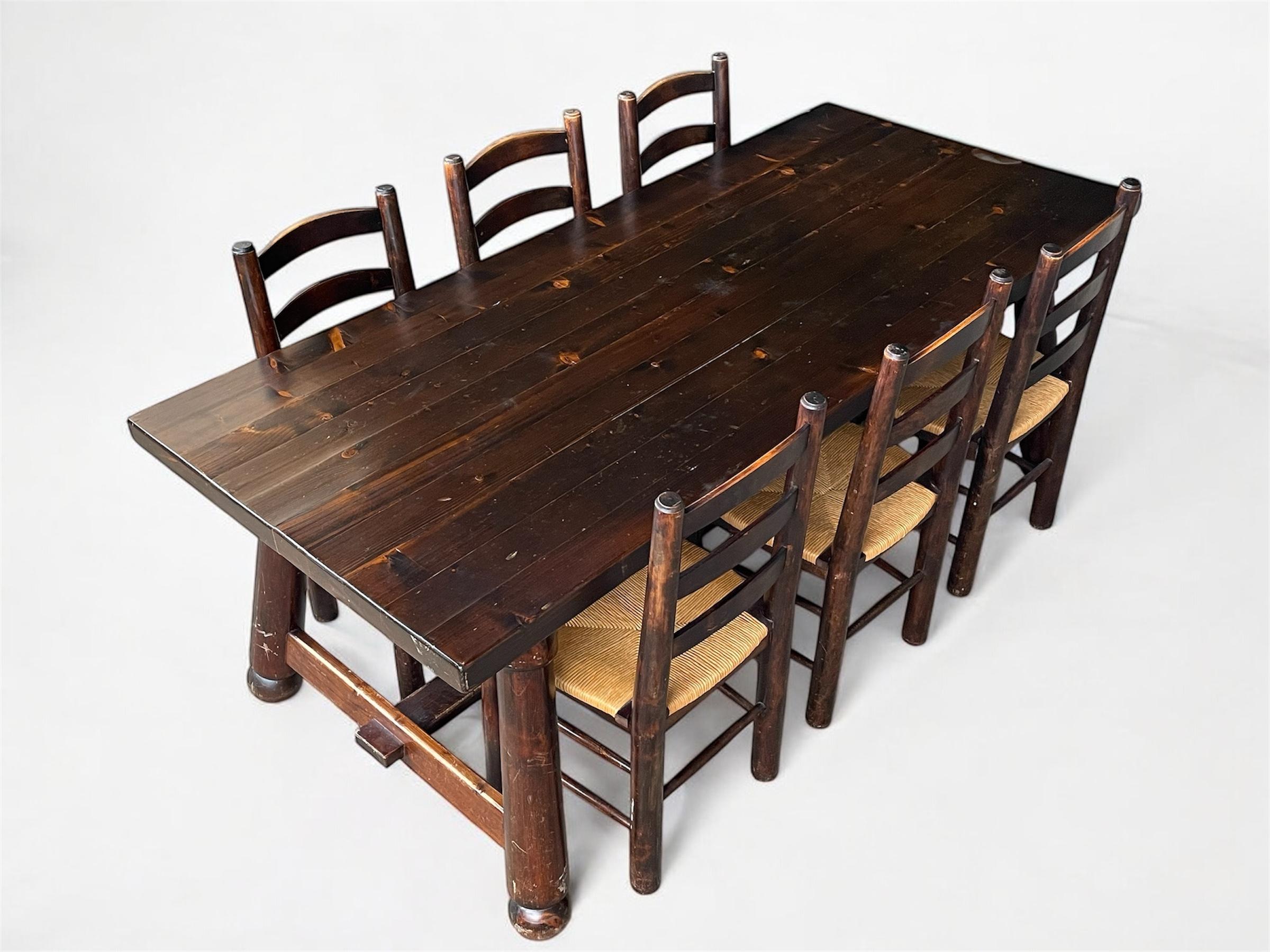 20th Century Georges Robert — Table and 6 Chairs, Brutalist Chalet-Inspired Dining Set For Sale