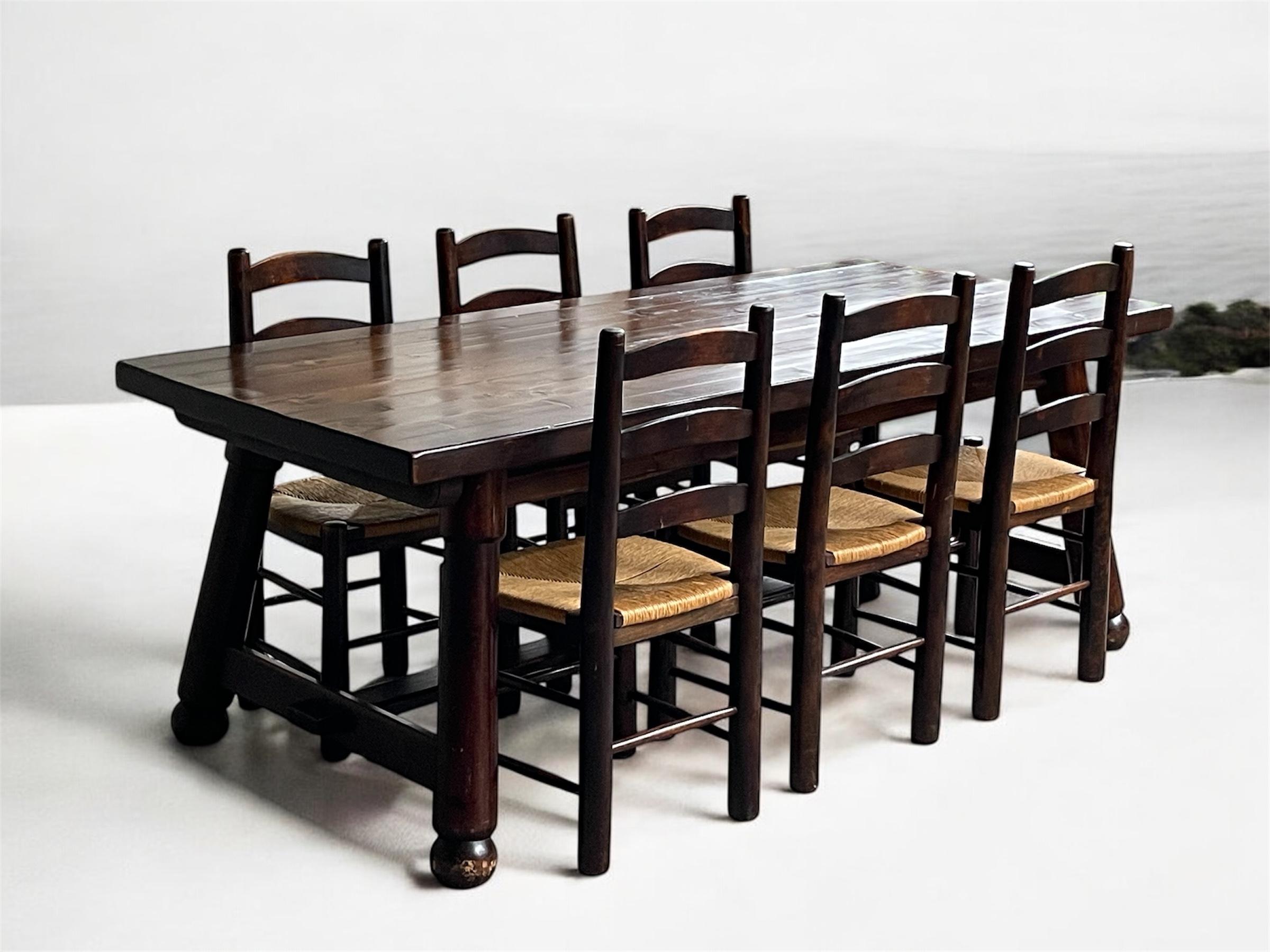 Ash Georges Robert — Table and 6 Chairs, Brutalist Chalet-Inspired Dining Set For Sale