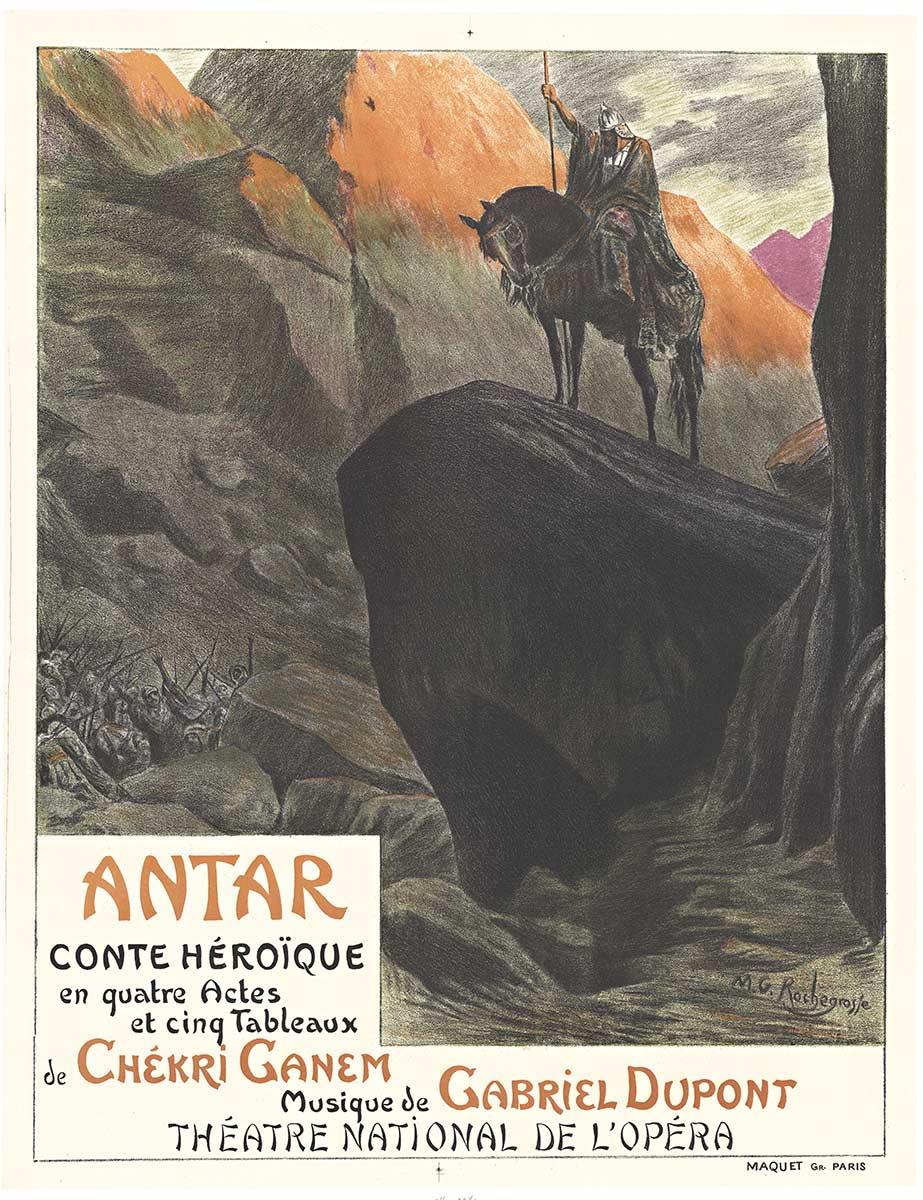 Affiche d'affiche d'opéra vintage en pierre d'origine Antar, opéra français, lithographie sur pierre 