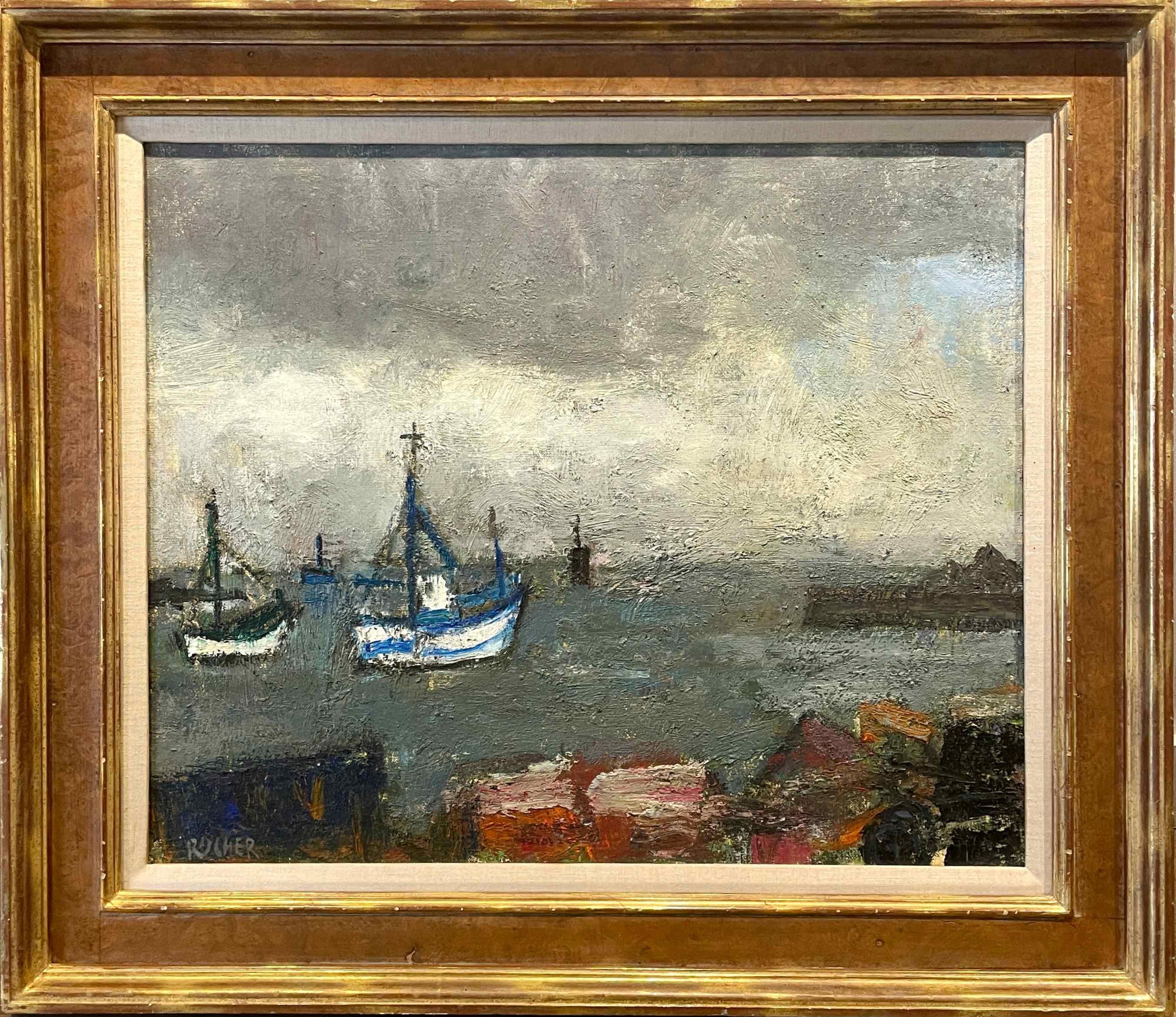 Una gran escena portuaria de mediados de siglo con barcos del artista francés Georges Rocher en venta 1