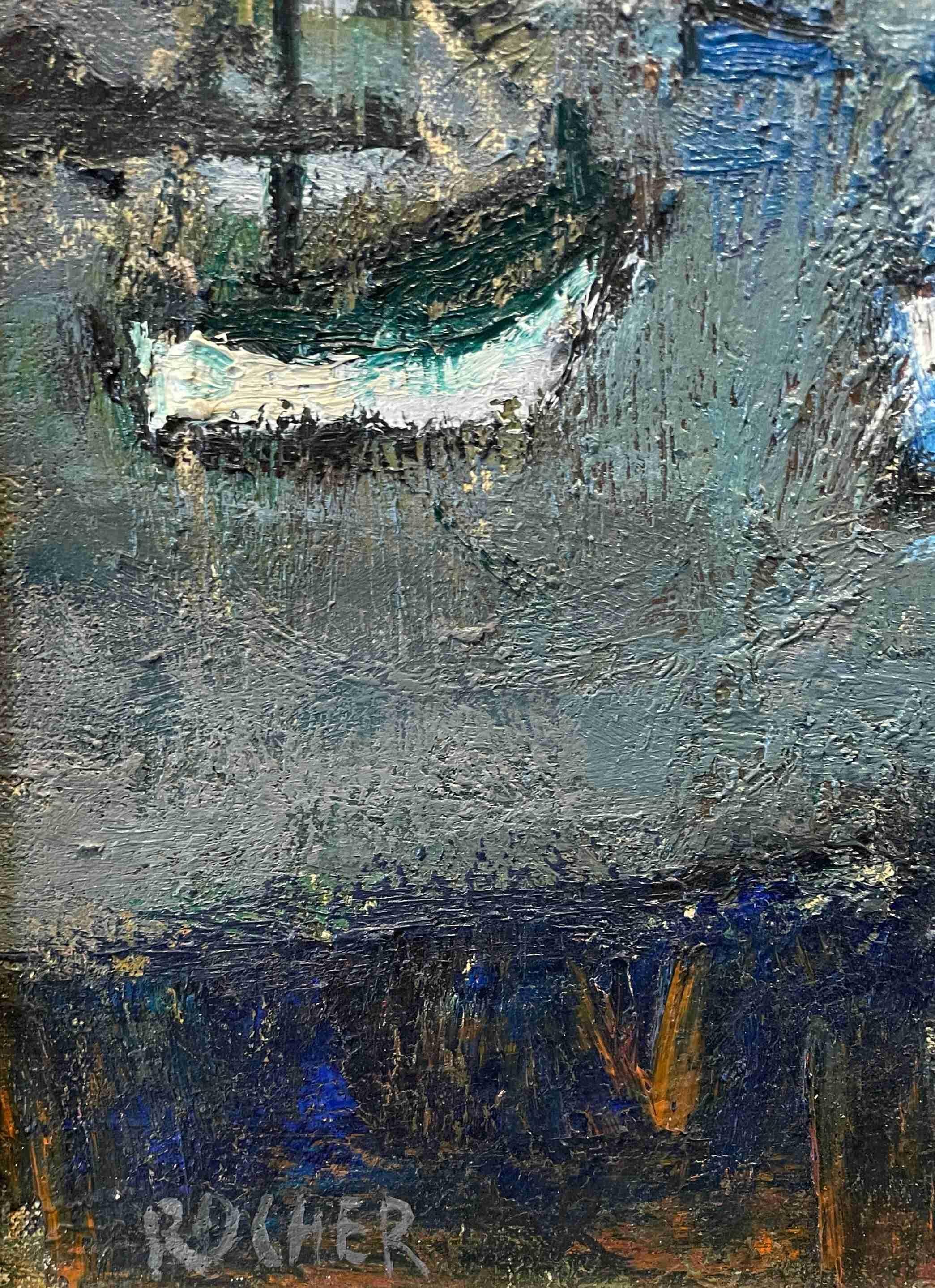 Una gran escena portuaria de mediados de siglo con barcos del artista francés Georges Rocher en venta 2