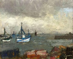 Una grande scena portuale di metà secolo con barche dell'artista francese Georges Rocher