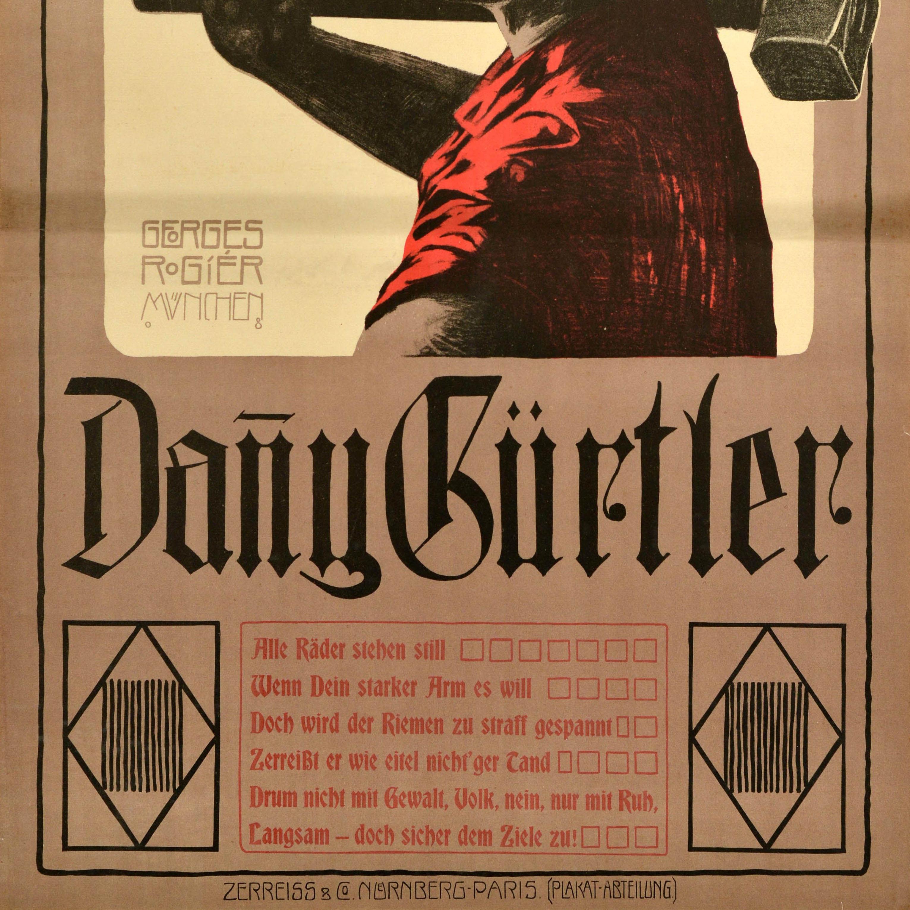 Originales antikes Plakat - Munchner Hof Danny Gurtler - mit dem Bild eines schnauzbärtigen Mannes, der einen Hut trägt und einen Hammer über der Schulter hält, in Schwarz-Weiß, sein Hemd in Rot mit dem Titel oben und dem Namen des Schauspielers in