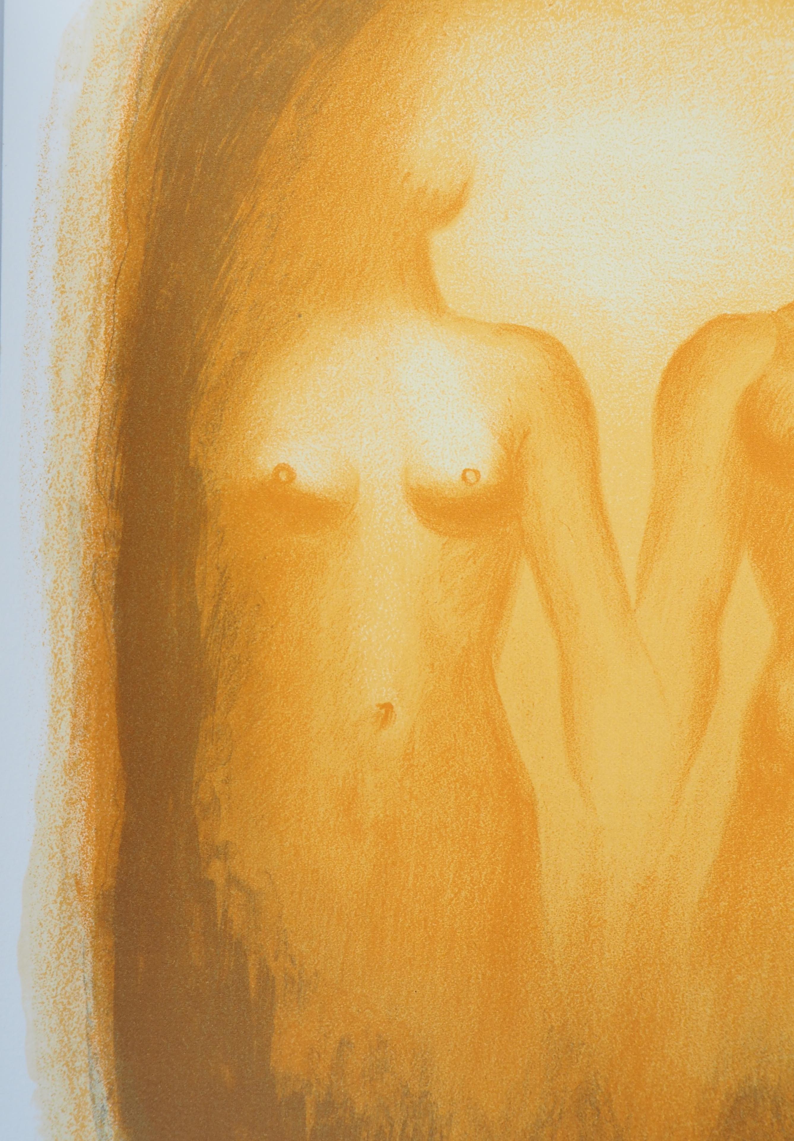 Amor : La Pareja - Litografía original firmada a mano - Figurative Print Naranja de Georges Rohner