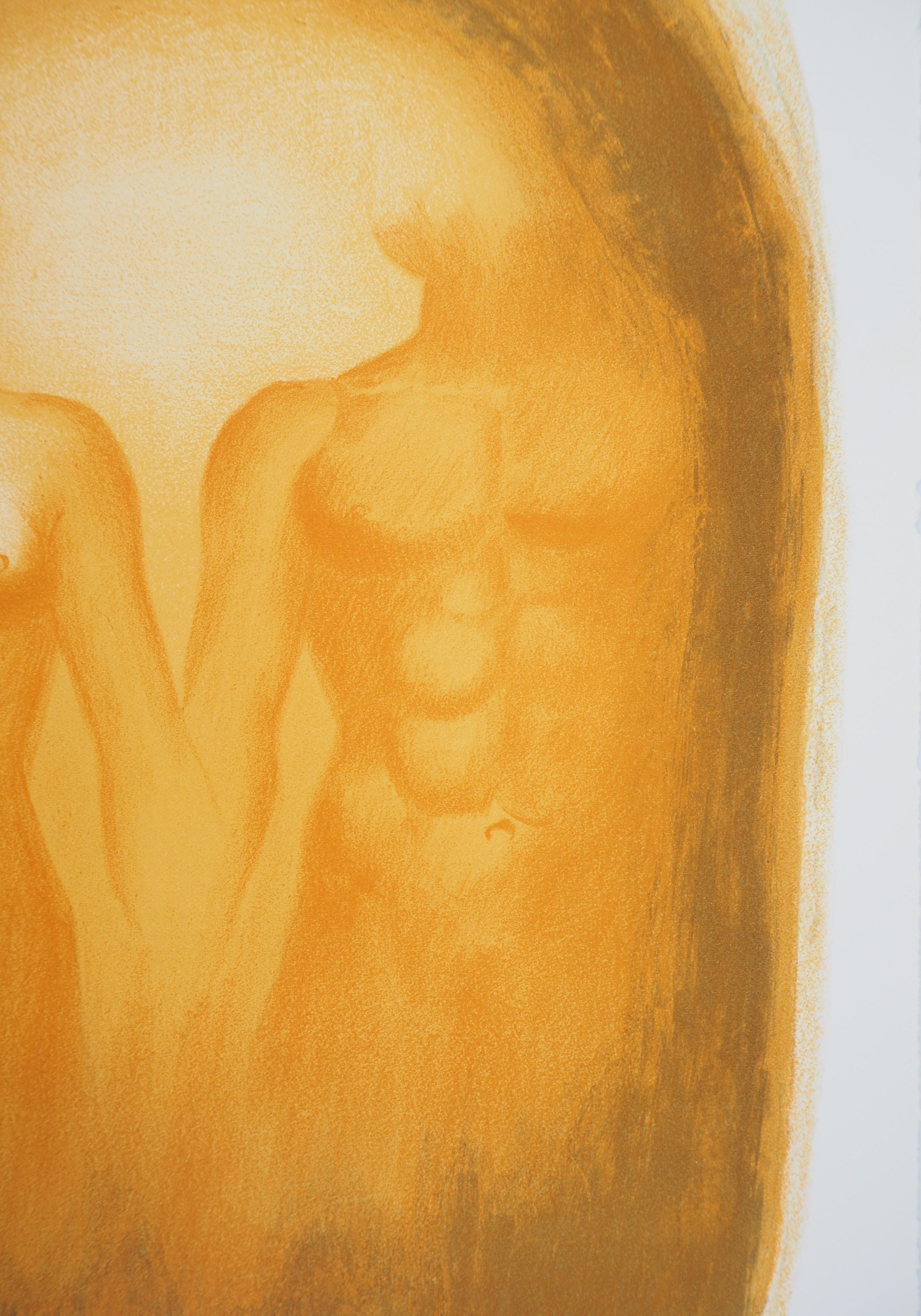 Love : The Couple - Original handsigned lithograph - Orange Figurative Print by Georges Rohner