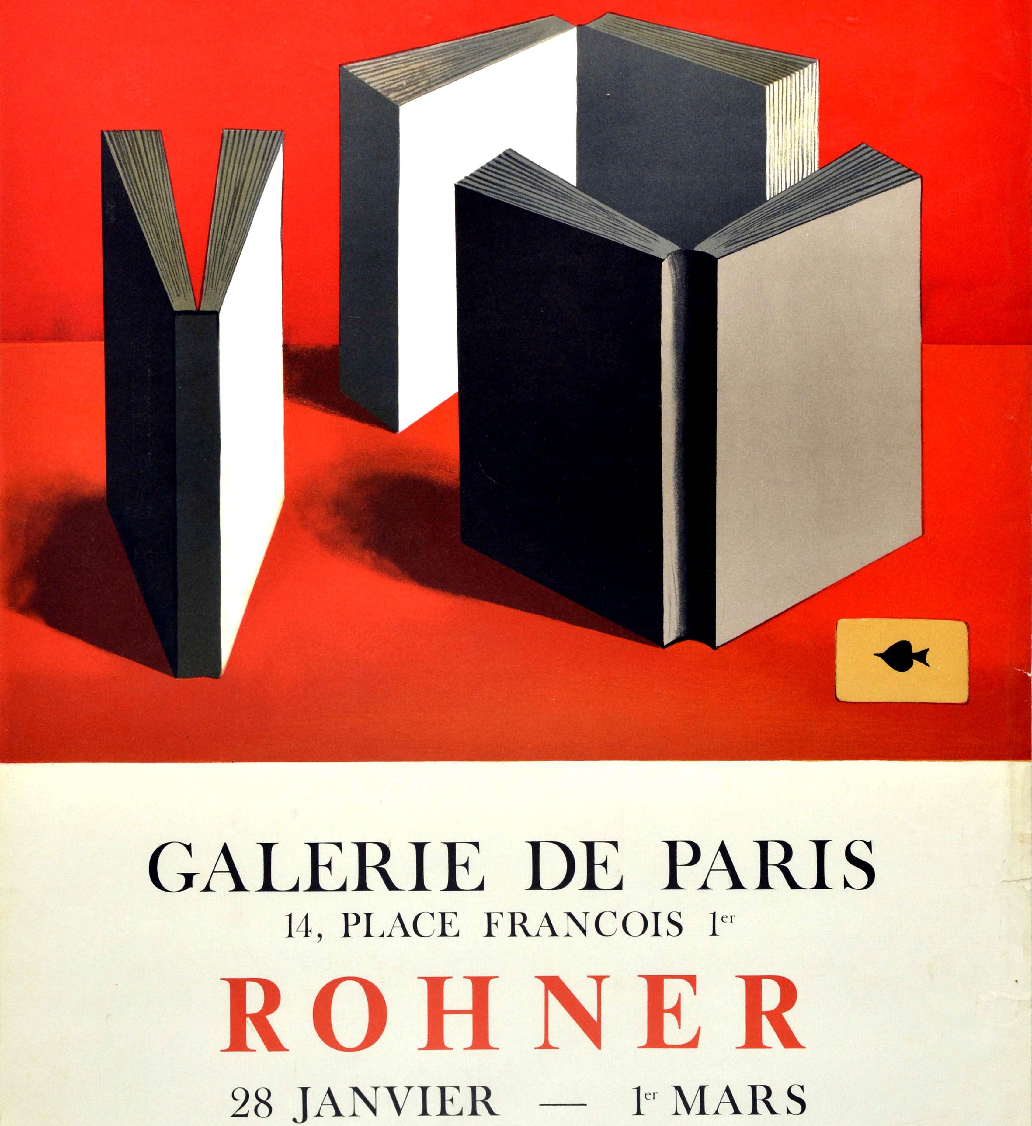 Original Vintage Art Exhibition Poster Rohner Paris Books Ace Of Spades Painting - Beige Print by Georges Rohner